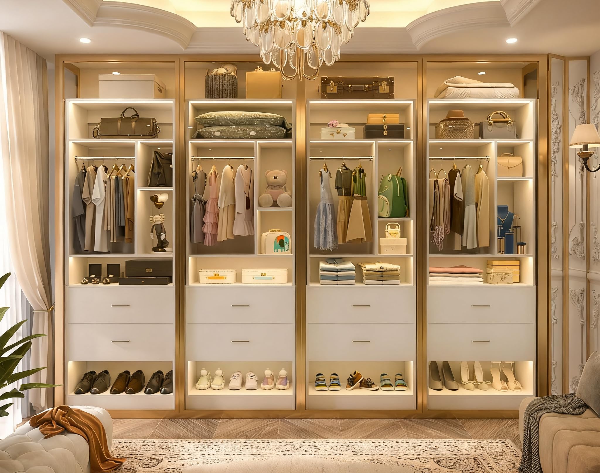 8FT Closet System with 8 Wood Drawers, 96" Closet Organizer System with 20+ Small Shelves & 2 Hanging Rods, Walk-in/Nursery Closet Systems, Set of 4, White (96" L x 15" W x 80" H)