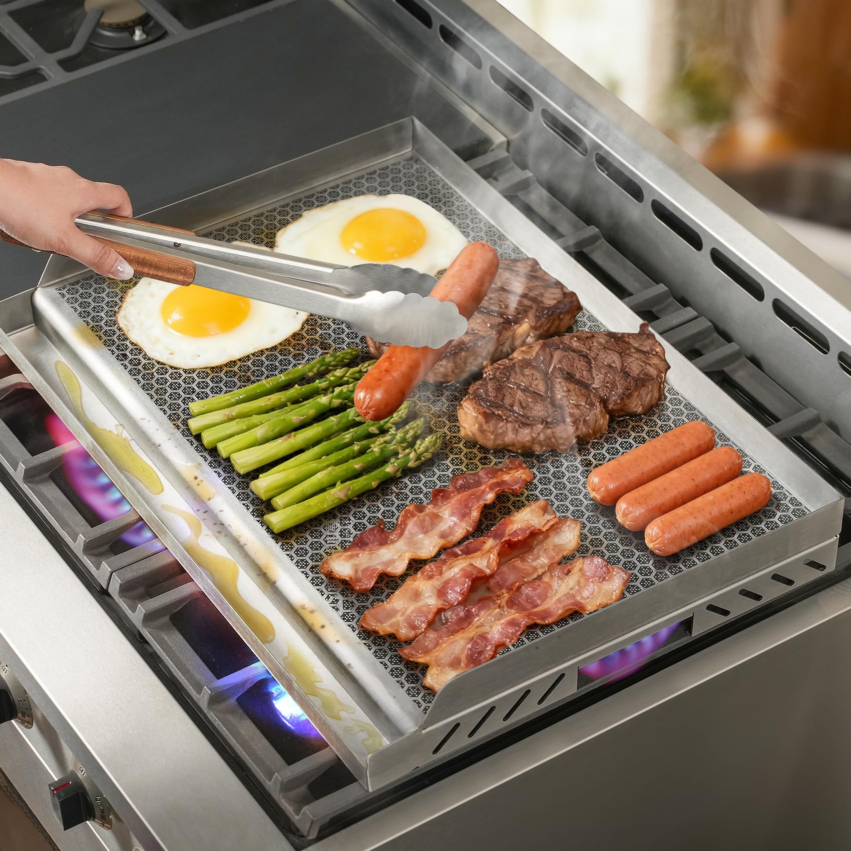 onlyfire Nieprzywierająca hybrydowa płyta grillowa/plancha, płyta grillowa ze stali nierdzewnej z korytem na tłuszcz, do większości grilli gazowych i węglowych, płyta grzewcza z powłoką o strukturze