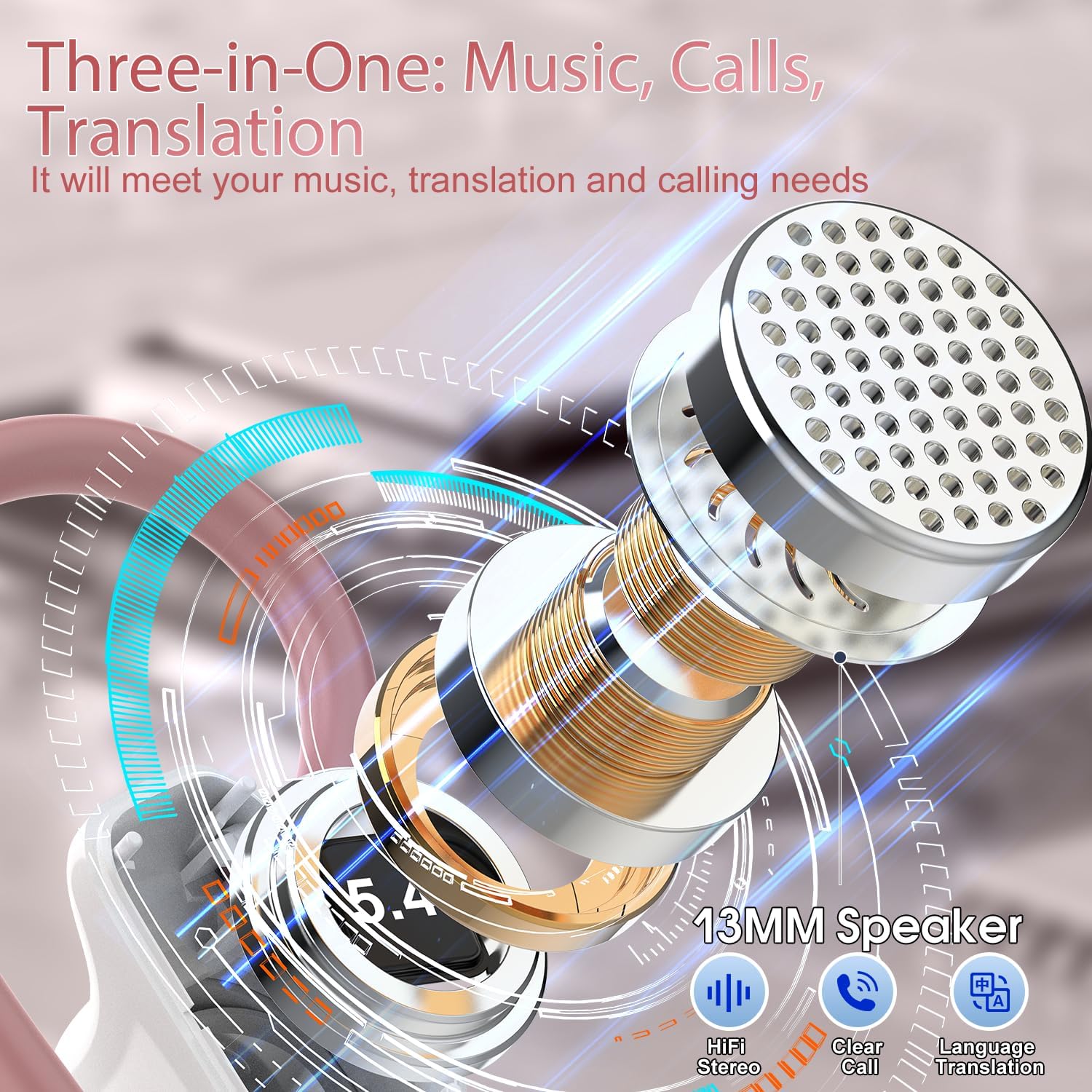 OYIB AI Language Translation Earbuds Real Time, 3-in-1 Translator Earbuds with 6 Translation Modes/164 Language, 50H Bluetooth 5.4 Headphones Translating Device for Travel/Business//Leaning, Rose - Image 2
