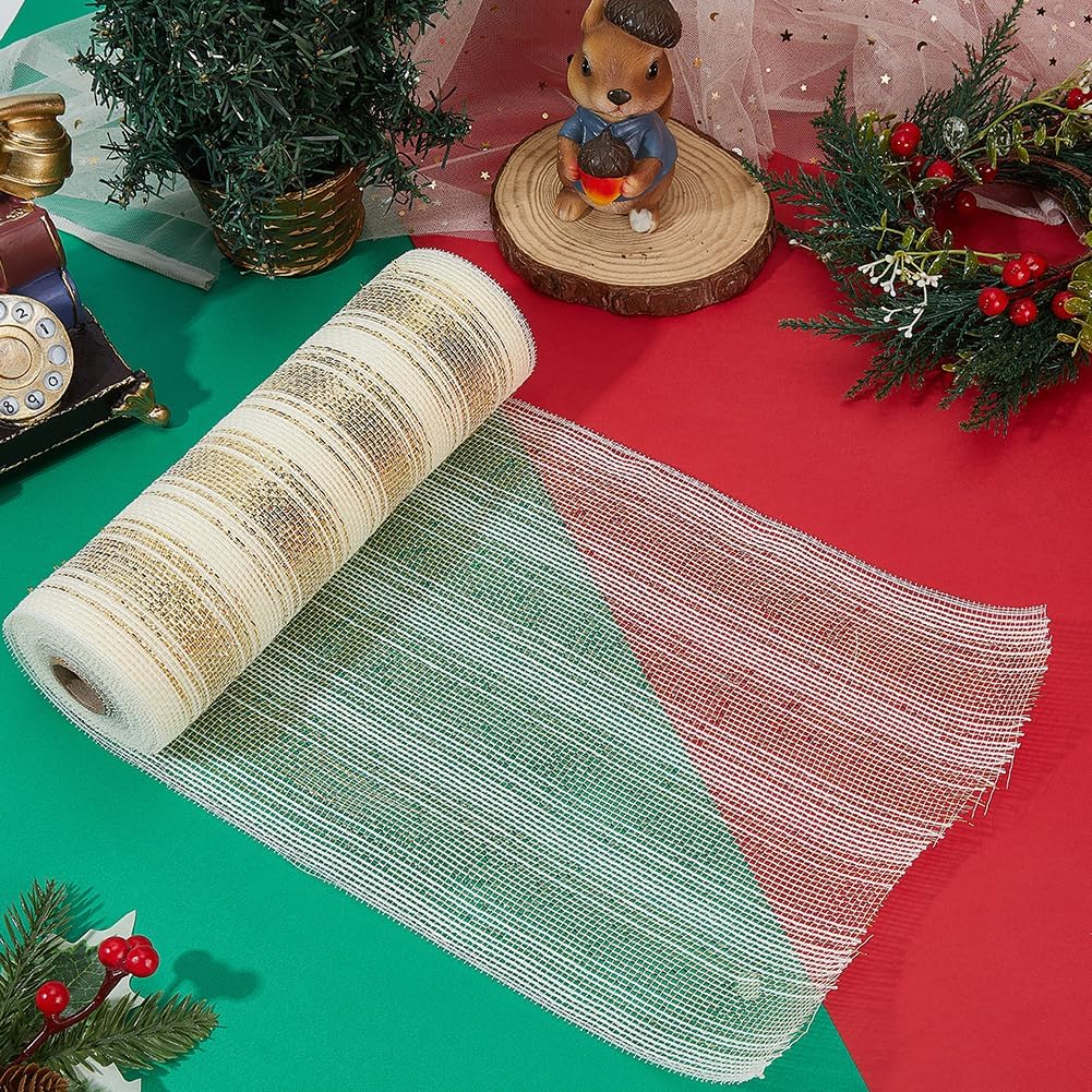 GORGECRAFT 10 Yard Golden and White Metallic Deco Fabric Mesh 10.4 Inch Basic Stripes Plaid Polyester Mesh Ribbon Rolls for Christmas New Year Winter Wedding Valentine Welcome Wreath Swags Decor