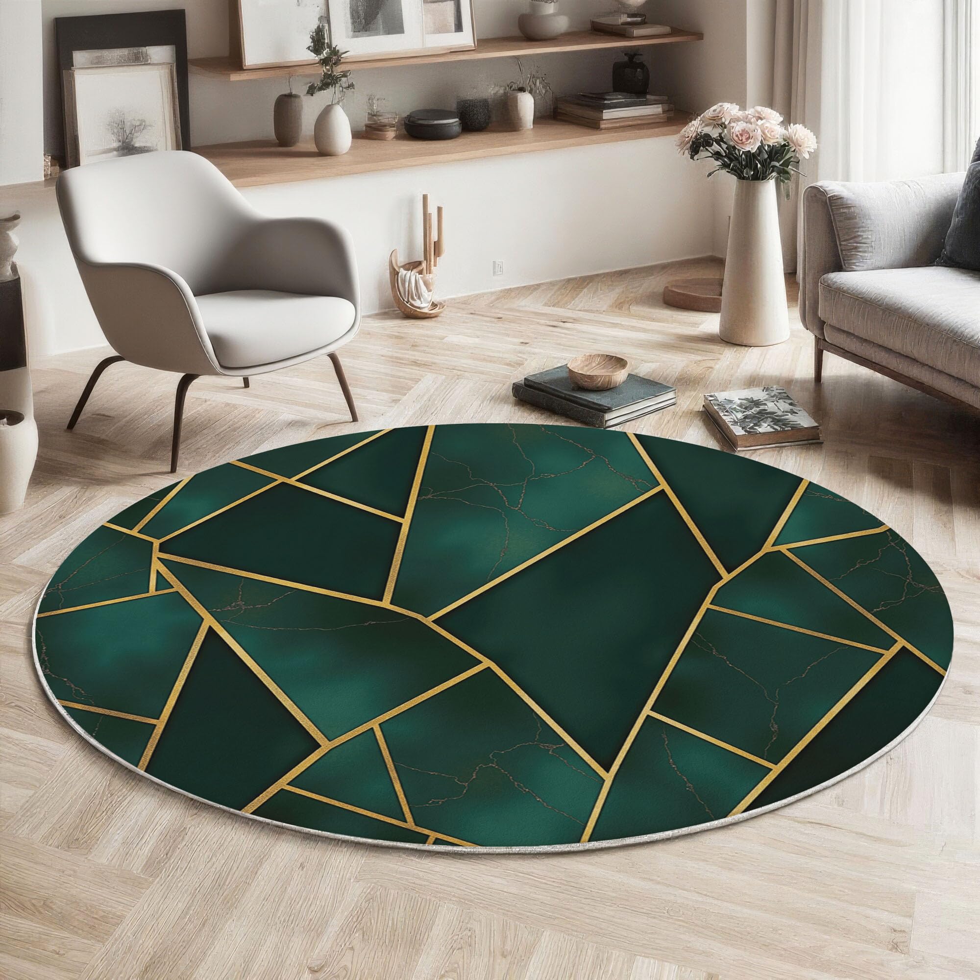 Tapis rond lavable en machine et antidérapant pour salon moderne vert émeraude