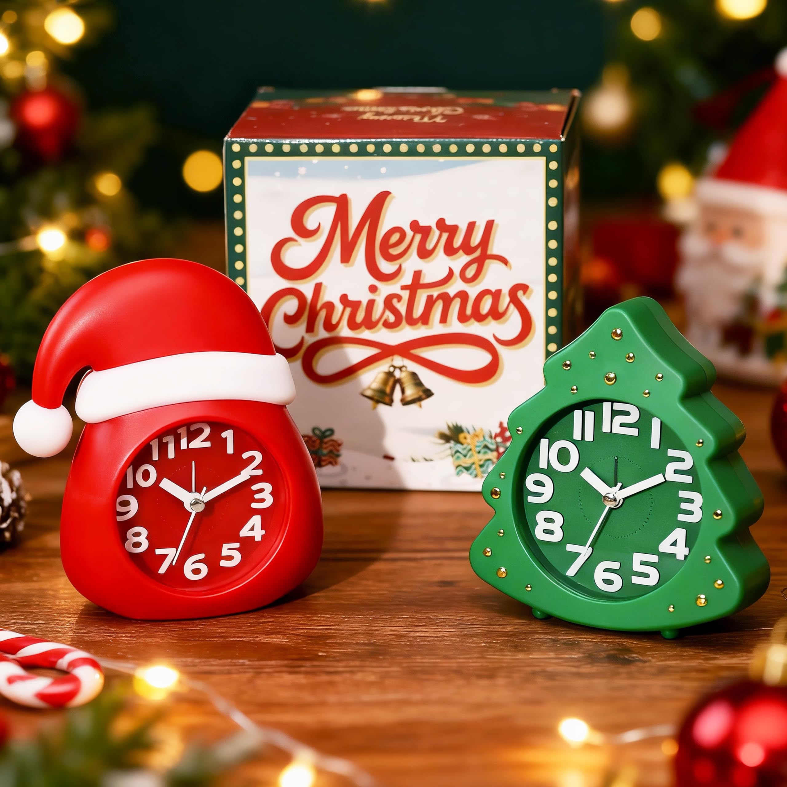 AYRELY Christmas Alarm Clock Gift Set 2 Silent Analog Clocks Santa Hat Christmas Tree Ready-to-Gift Holiday Edition for