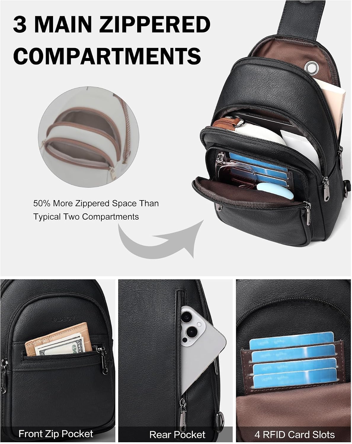 FADEON Sling Bag for Women, Designer Small Crossbody Bags Vegan Leather RFID Fanny Pack Tri-Zip Sling Backpack for Travel