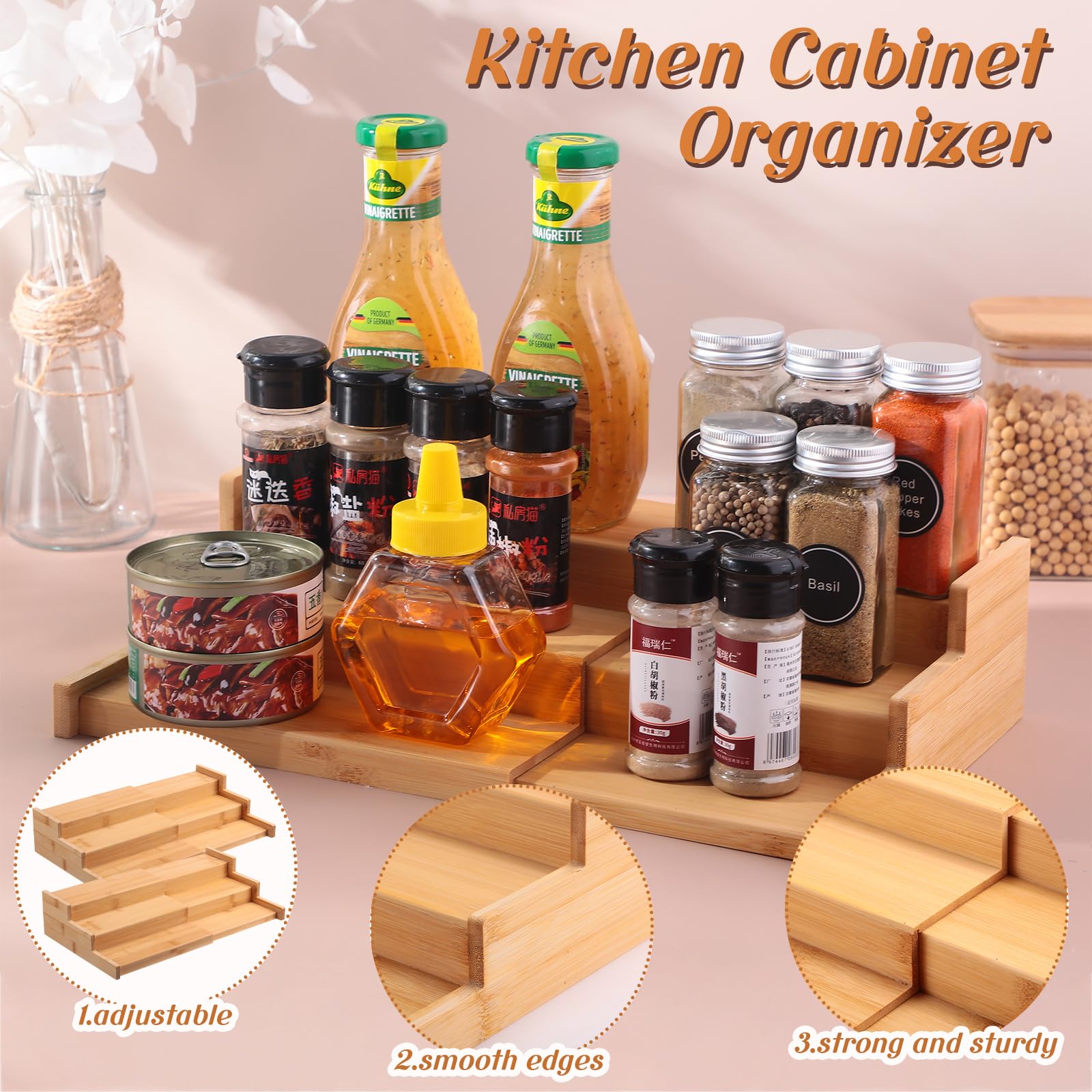Tioncy 5 Pcs Bamboo 3 Tier Expandable Spice Rack Organizer Spice Organizer for Cabinet Spice Rack for Countertop Expandable Display Shelf for Seasoning Storage Kitchen Cabinet Cupboard and Pantry