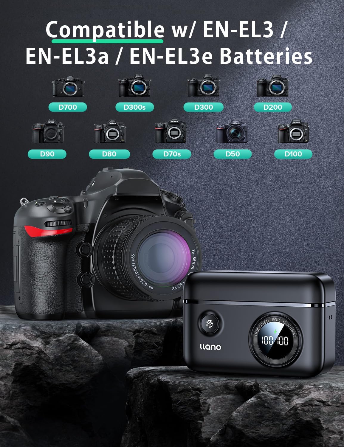 llano EN-EL3e / EN-EL3 / EN-EL3a 18W PD USB-C Dual Fast Charger for Nikon D90 D700 D80 D50 D70 D70s D100 D200 D300 D300S Digital SLR Cameras