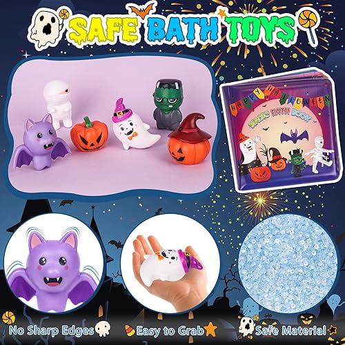 Miniatura 6 de Juguetes de baño iluminados de Halloween para niños pequeños, juguetes de baño sin agujeros con libro de baño de Halloween, luz LED, juguetes de