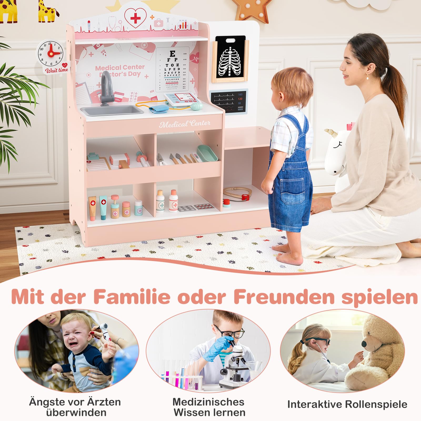 DREAMADE Krankenhaus Spielset, Arztkoffer Kinder aus Holz mit 24 Zubehörteilen, Stethoskop, Blutdruckmessgerät & Spüle, Arzt Rollenspielzeug für Kinder ab 3 Jahren (Rosa)