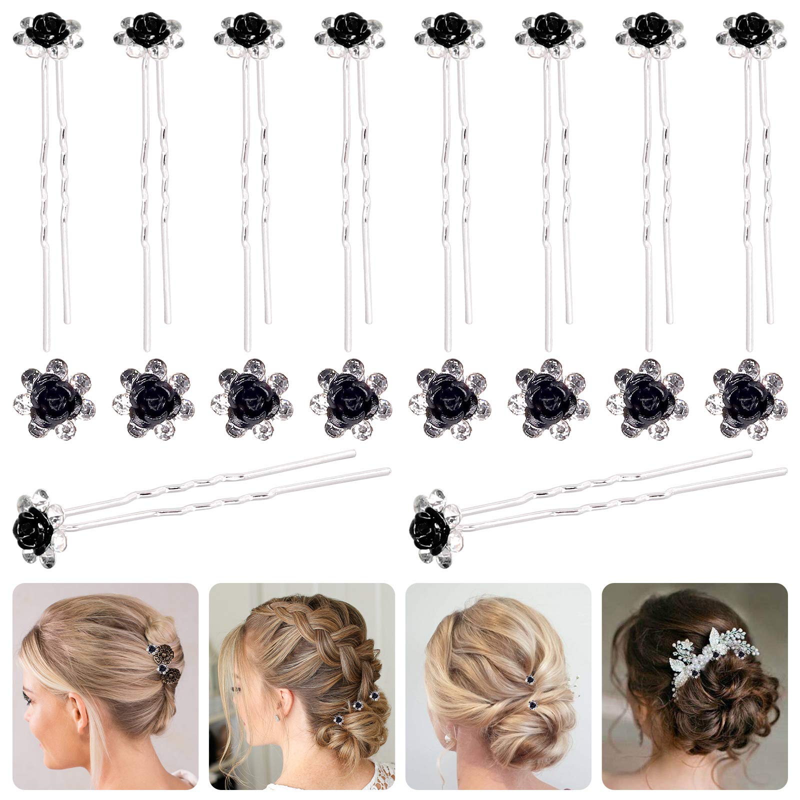 Rustark 40 Pcs Black Crystal Hair Pins Rose Flower Rhinestone Hair Clips U Shaped Hair Pins Bobby Pins Bun Hairpins for Wedding Bridal Women Hair
