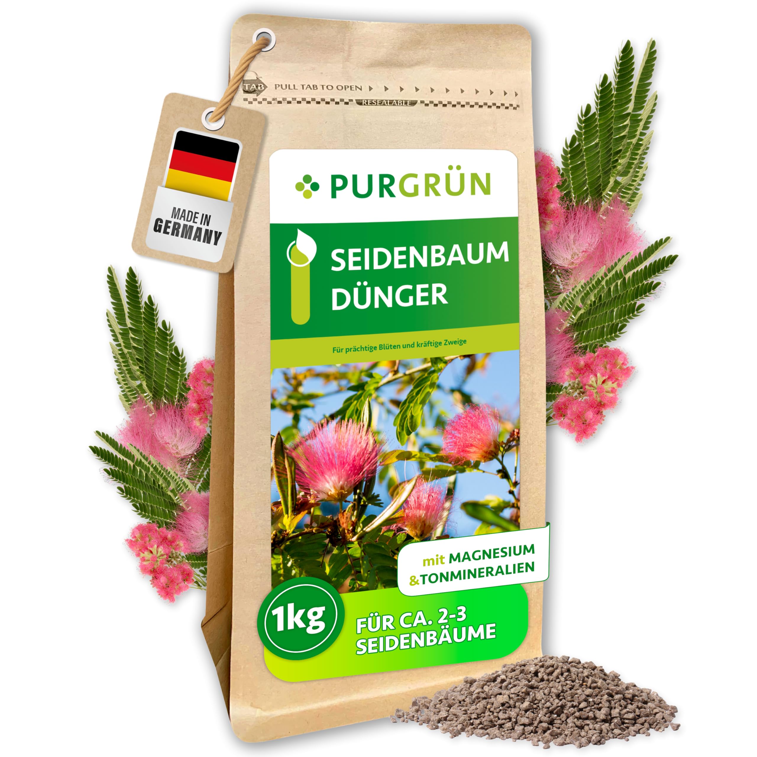 Seidenbaum-Dünger 1 kg – Organisch-mineralische Rezeptur – Feinkörniges Krümelgranulat – NPK 9+4+8 – Extra Magnesium für leuchtende Blüten – Verbessert die Bodenqualität