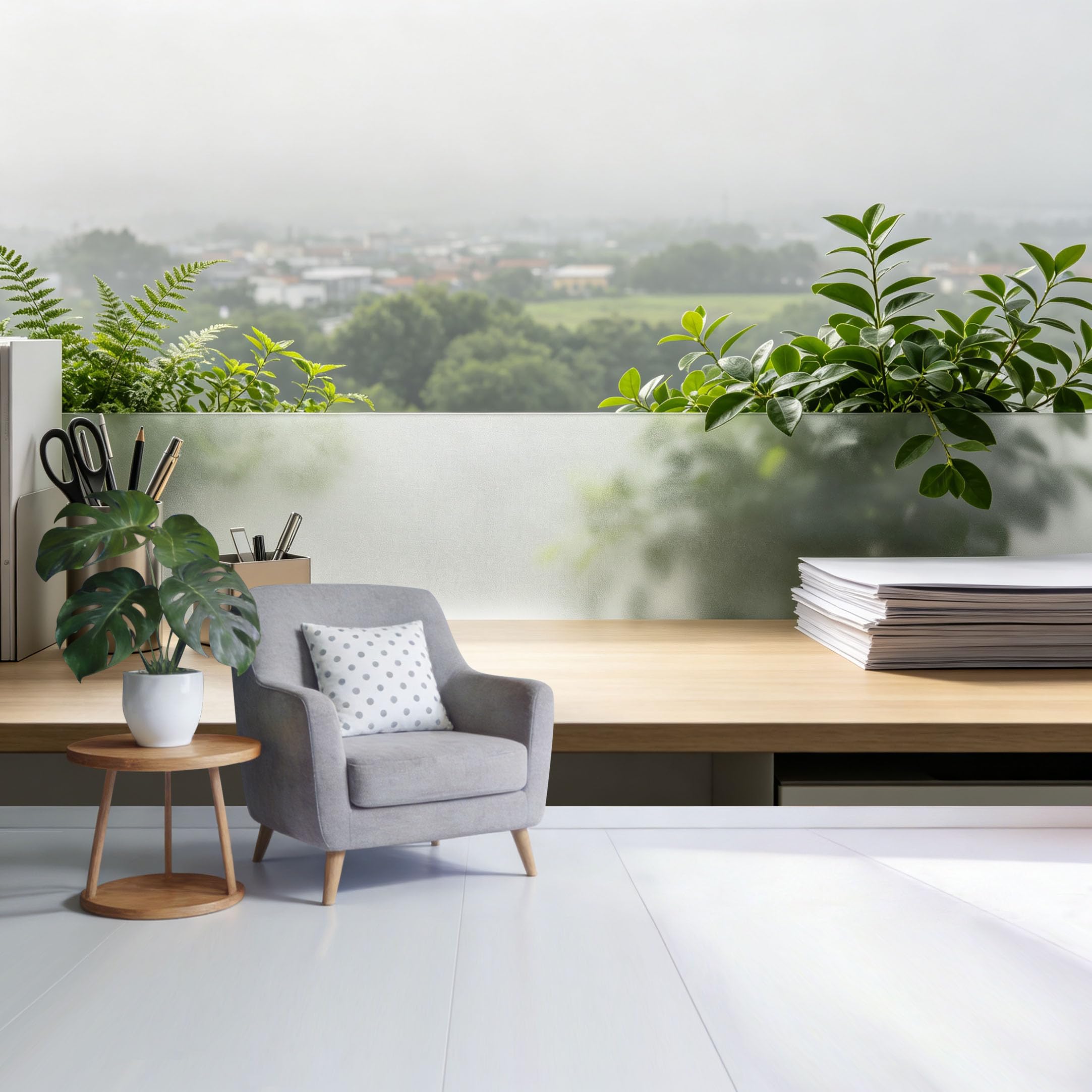 Custom Size Wall Mural Botanical Greenery Plants with Misty City Landscape View Minimalist Natural Light Scene SelfAdhesive Wall Fabric Removable Wallpaper for Home Office Decor
