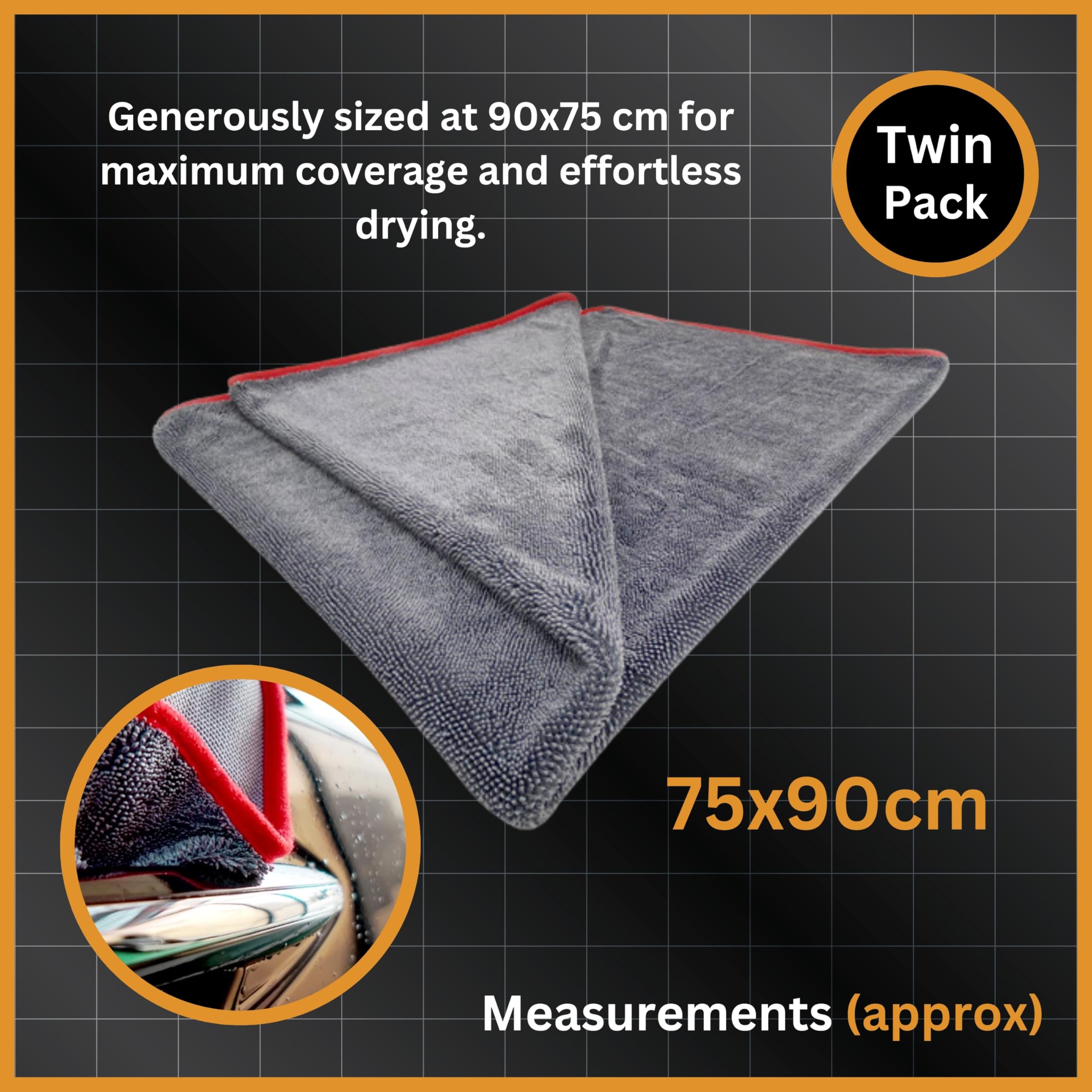 Tek Automotive Paquete de 2 toallas de secado de microfibra de triple torsión, ultra absorbentes, sin arañazos, extra grandes, 90 x 75 cm, toalla de secado de coche para limpieza, detalles y pulido