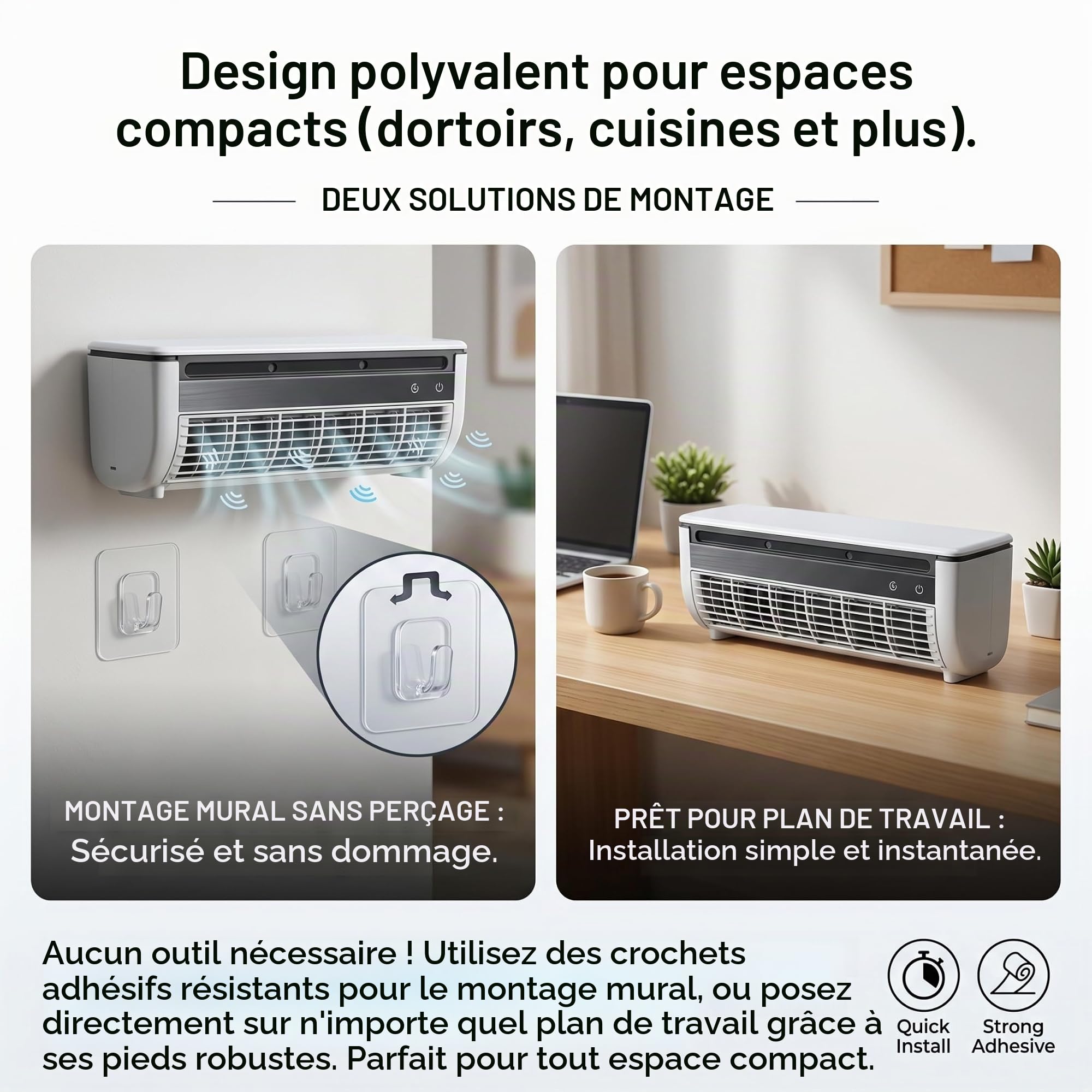 Ventilateur de climatisation, Mini climatiseur et Ventilateur de climatisation, Refroidisseur Brume Mural sans perçage, Rechargeable 6000 mAh, Blanc