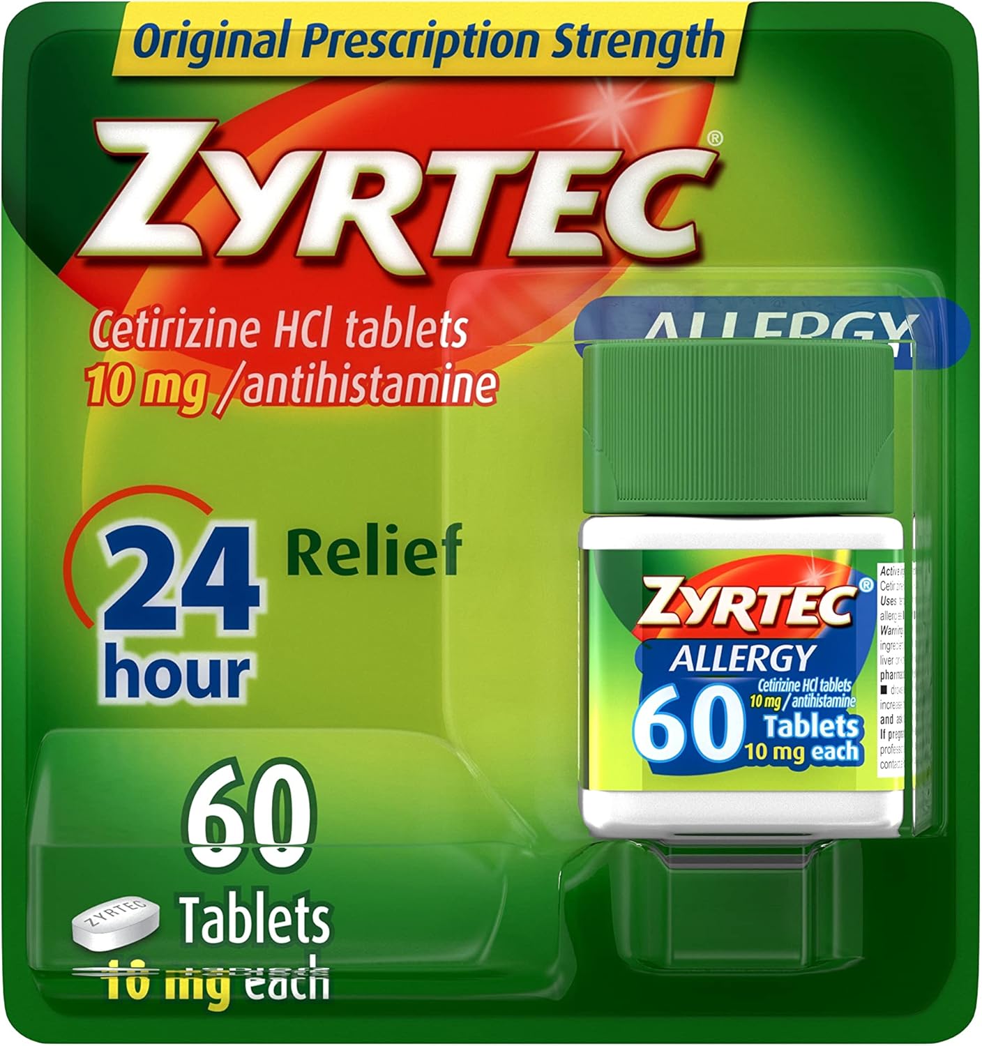 Zyrtec 24 Hour Allergy Relief Tablets, Indoor & Outdoor Allergy Medicine with 10 mg Cetirizine HCl per Antihistamine Tablet, Relief from Runny Nose, Sneezing, Itchy Eyes & More, 60 ct : Health & Household