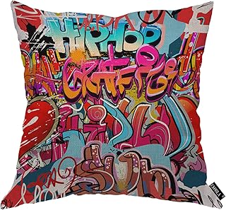 EKOBLA Graffiti Throw Pillow Cover Hip Hop Artwork Urban Wall Urban Grunge Abstract Funky Sketch Cozy Square Cushion Case for Men Women Boys Girls Room Home Decor Cotton Linen 18x18 Inch