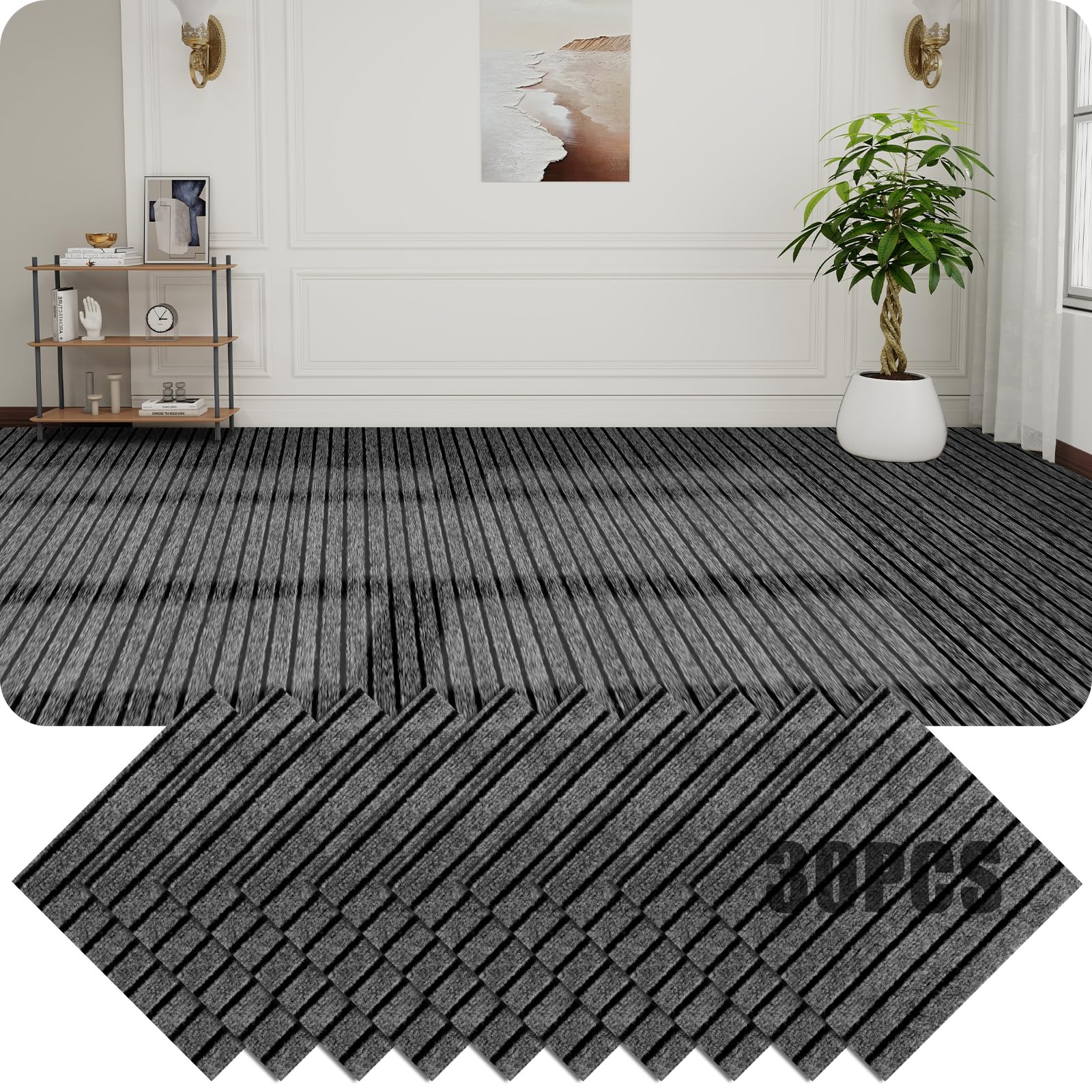 30 azulejos de moqueta de 30 x 30 cm, autoadhesivos, para oficina, salón, balcón (gris y negro)