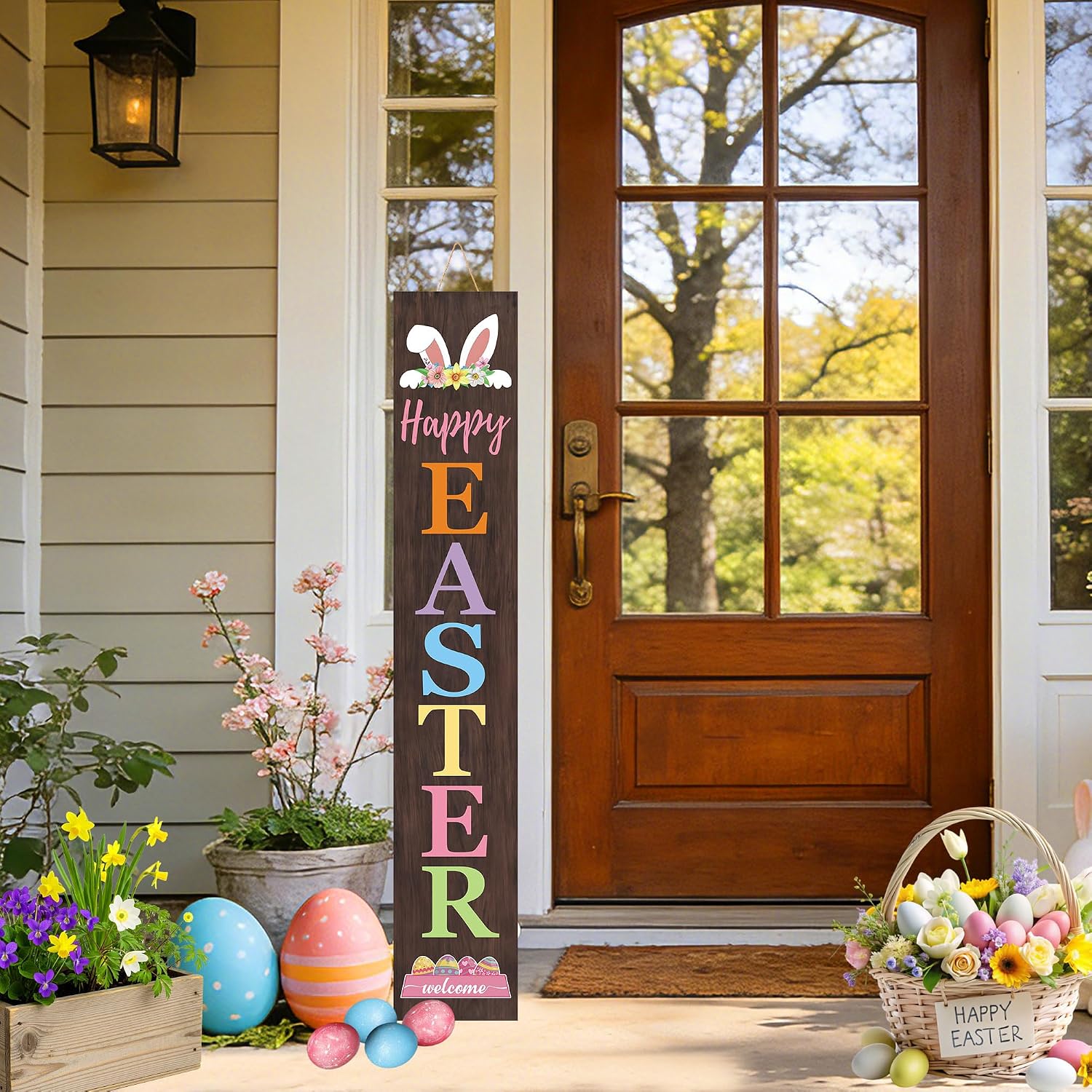 Happy Easter Porch Sign 7.8x47.2 Inch, Large Wooden Easter Bunny Porch Decor, Vertical Welcome Door Sign, Indoor Outdoor Front Porch Decorations
