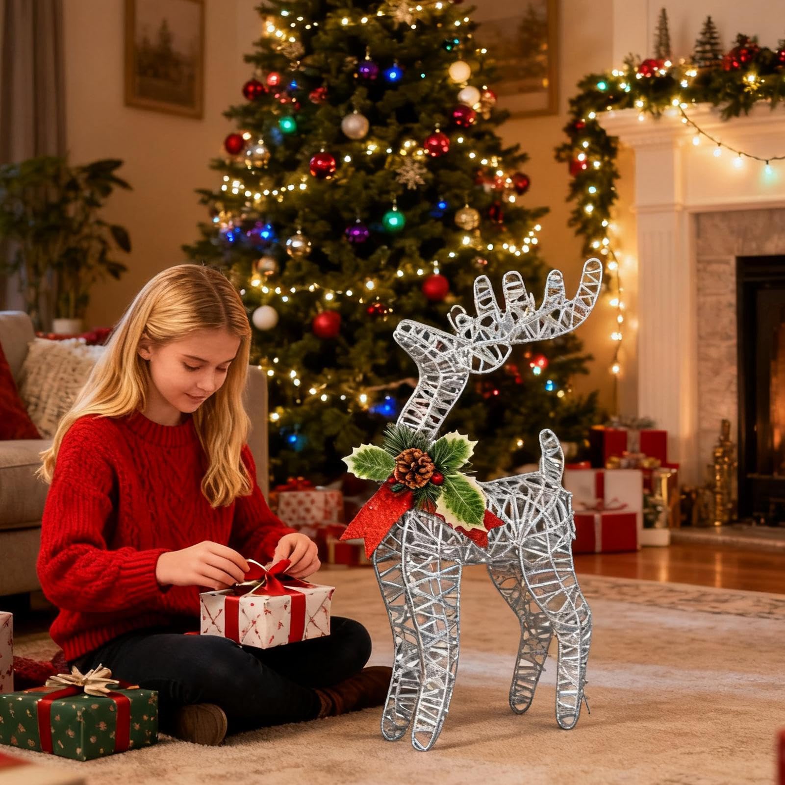 Decorazione A Forma di Renna per Natale Statuetta in Metallo Luminosa