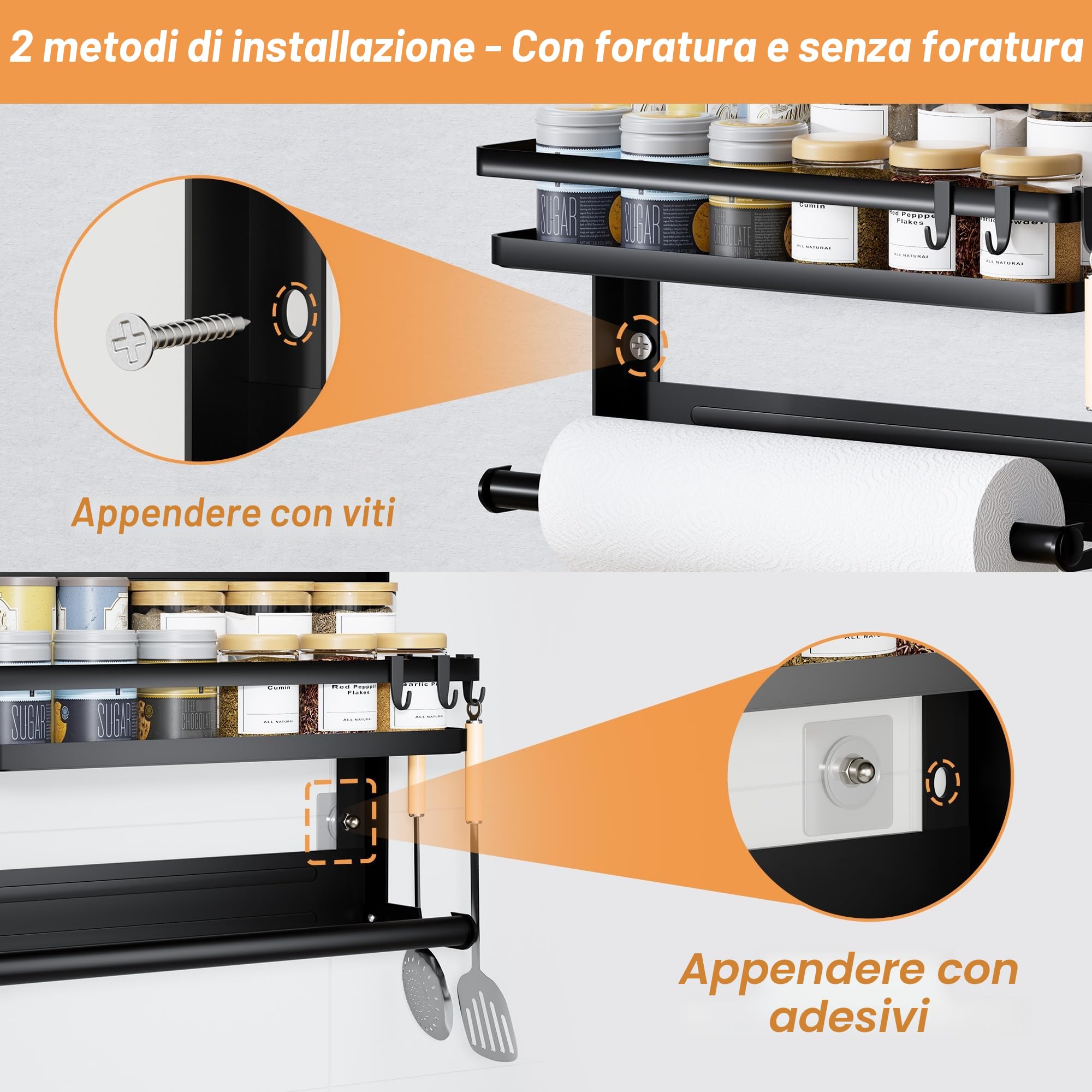 Porta Spezie per Cucina con Porta Rotolo da Cucina e 4 Ganci –Portaspezie da Parete Senza Forature per Organizzare e Risparmiare Spazio in Cucina