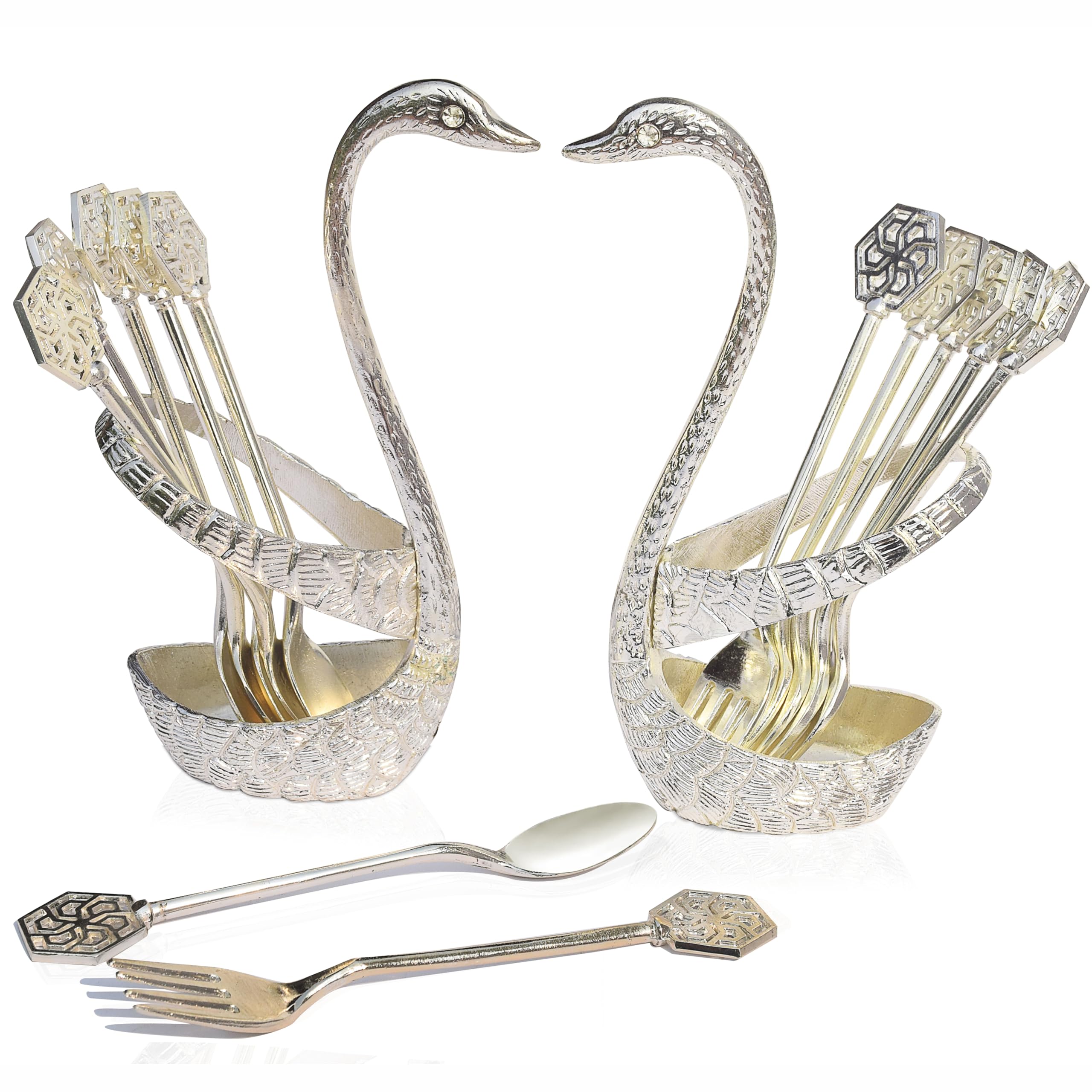 Pure Source India Metal Spoon and Fork Set with Swan Base Holder for Coffee, Fruit, Desserts, Ice Cream, and Cake (15cm) (Set of 12 pcs)