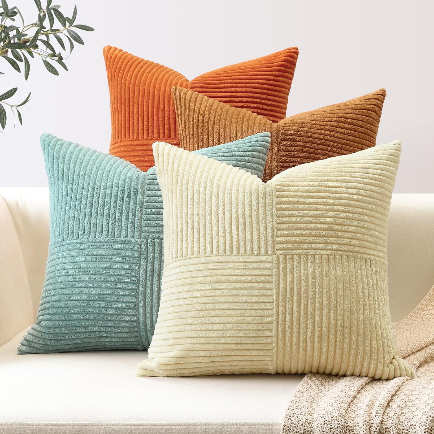 OTOSTAR Set of 4 Decorative Throw Pillow Covers Soft Striped Corduroy Boho Square Pillow Cases Fall Mix and Match Home Decor for Sofa Couch Living Room Bedroom Farmhouse 22x22 Inch, Orange Teal