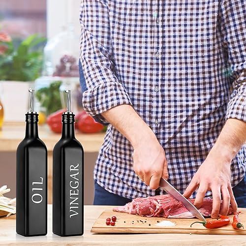 Miniatura 4 de Juego de 2 dispensadores de aceite y vinagre, dispensador de botellas de aceite de oliva blanco y negro con soporte y boquilla de acero inoxidable,