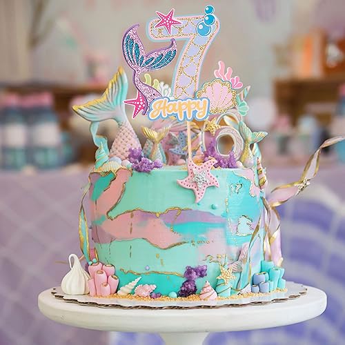 Miniatura 6 de Gyufise 1 pieza de decoración de pastel de sirena de 7 cumpleaños para niños y niñas, baby shower bajo el mar, temática de sirena, suministros de