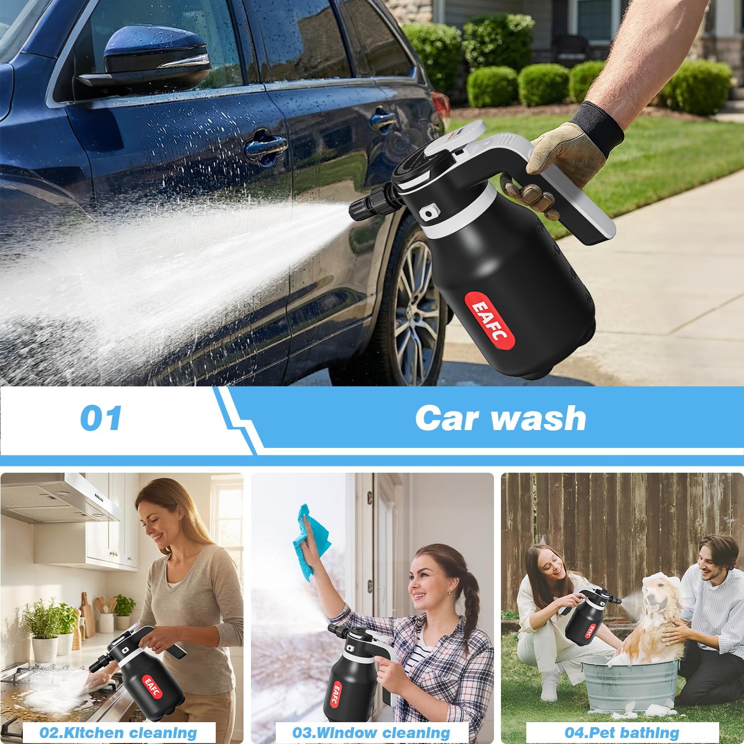 Pulvérisateur à mousse électrique de 2 L, kit de nettoyage de voiture alimenté par batterie de 2 L avec USB rechargeable pour lavage de voiture, maison, jardin, nettoyage des détails, pistolet à