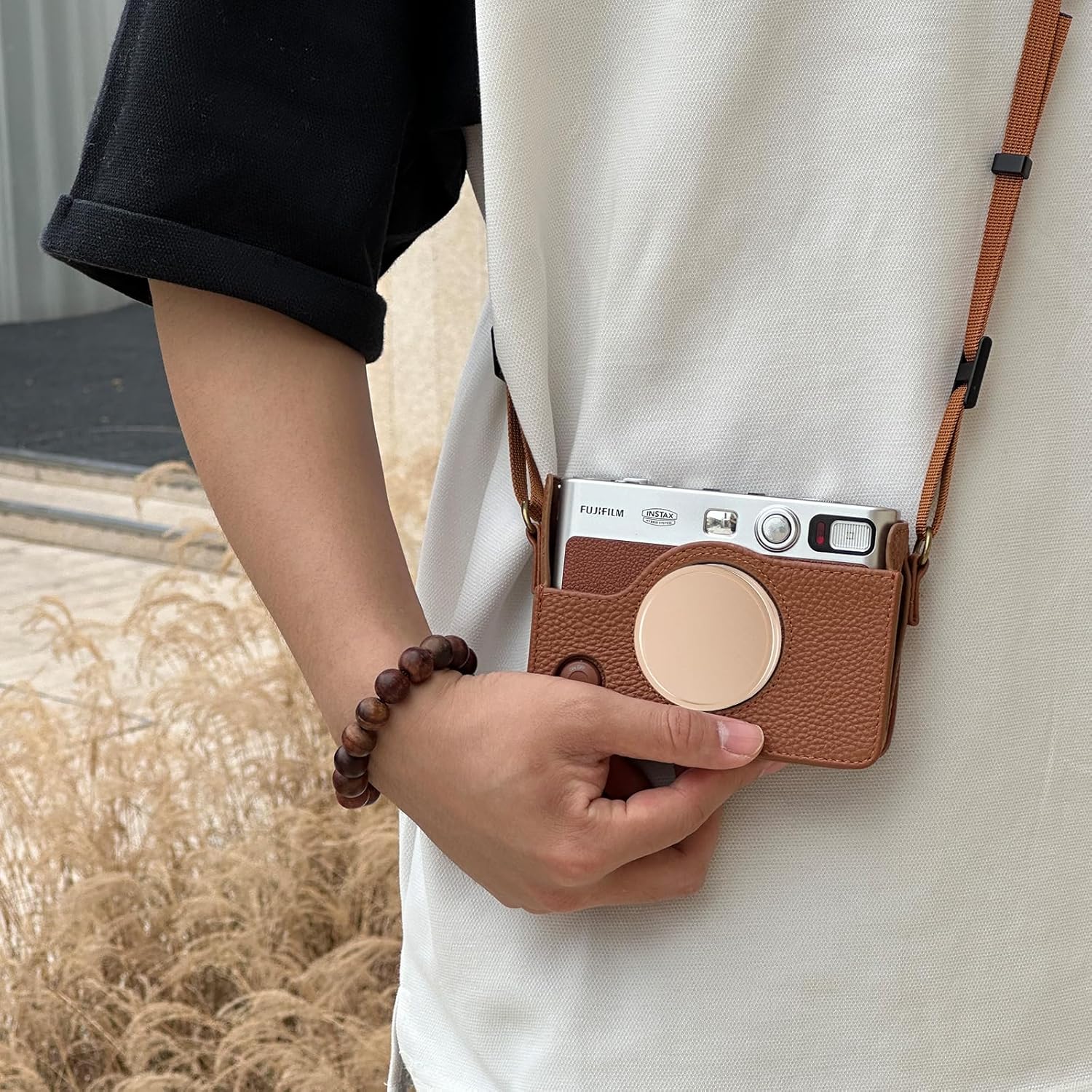 CAIYOULE EVO Camera Case for Fujifilm Instax Mini EVO,Genuine Leather Carrying Case，Includes Mini Camera Bag, Photo Album, Woven Hand Strap, Lens Cap, Screen Protector, Photo Frame - Brown