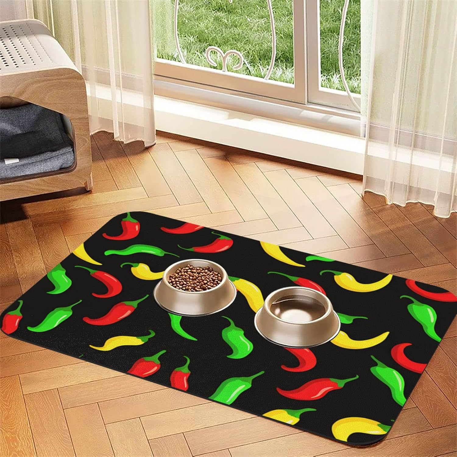 Colorful Hot Chili Pattern Dog Food Mat, Leather Pet Feeding Mat, Cat Mat for Food, Absorbent Pet Placemat for Indoor Outdoor Water Bowl 40x60cm
