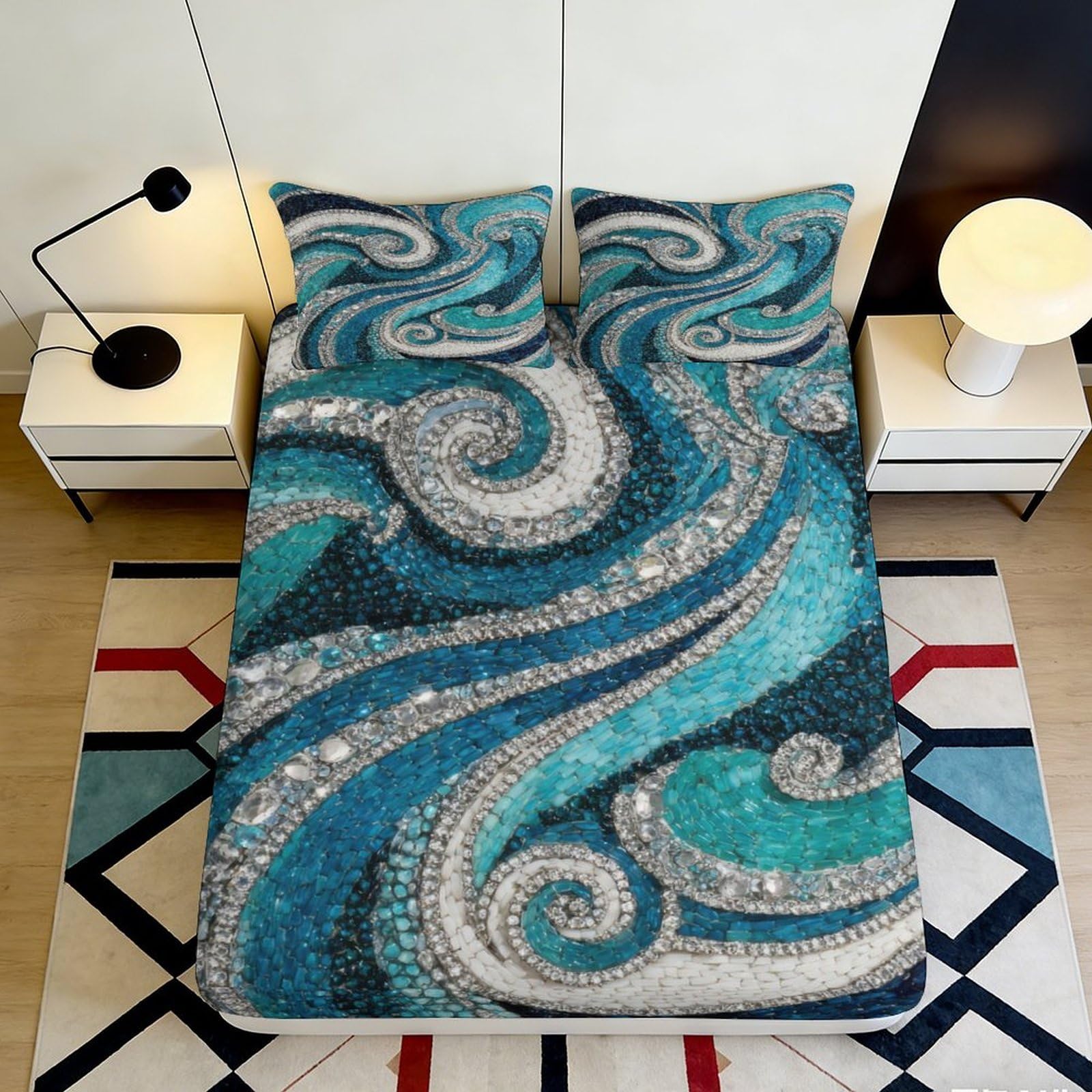 3D Printed Ocean Wave Pattern Fitted Sheet Microfiber Soft Blue Swirl Mattress Cover for Bedroom Guest Room Decor 90x200x25cm
