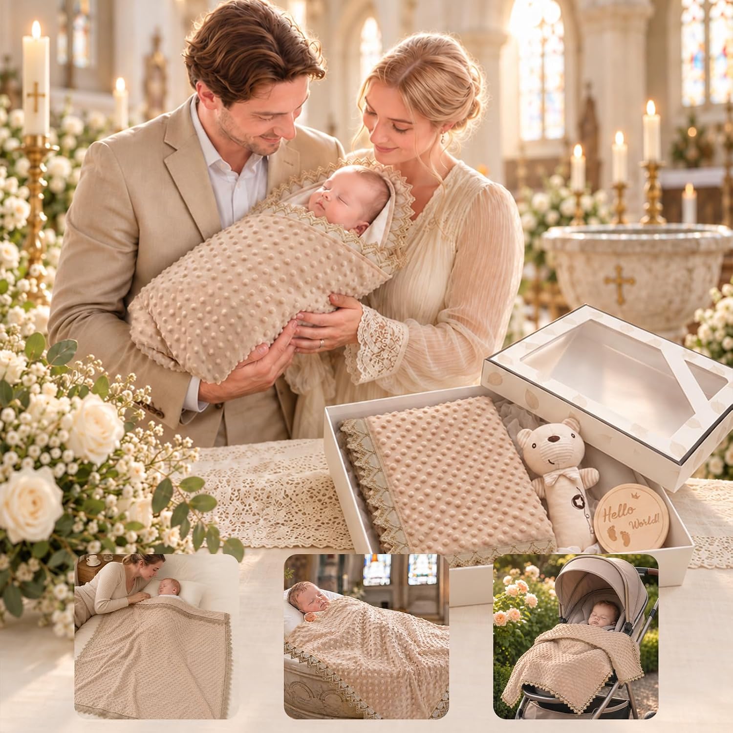 Luxury Lace Baby Receiving Blanket & Gift Set (Khaki & Champagne)