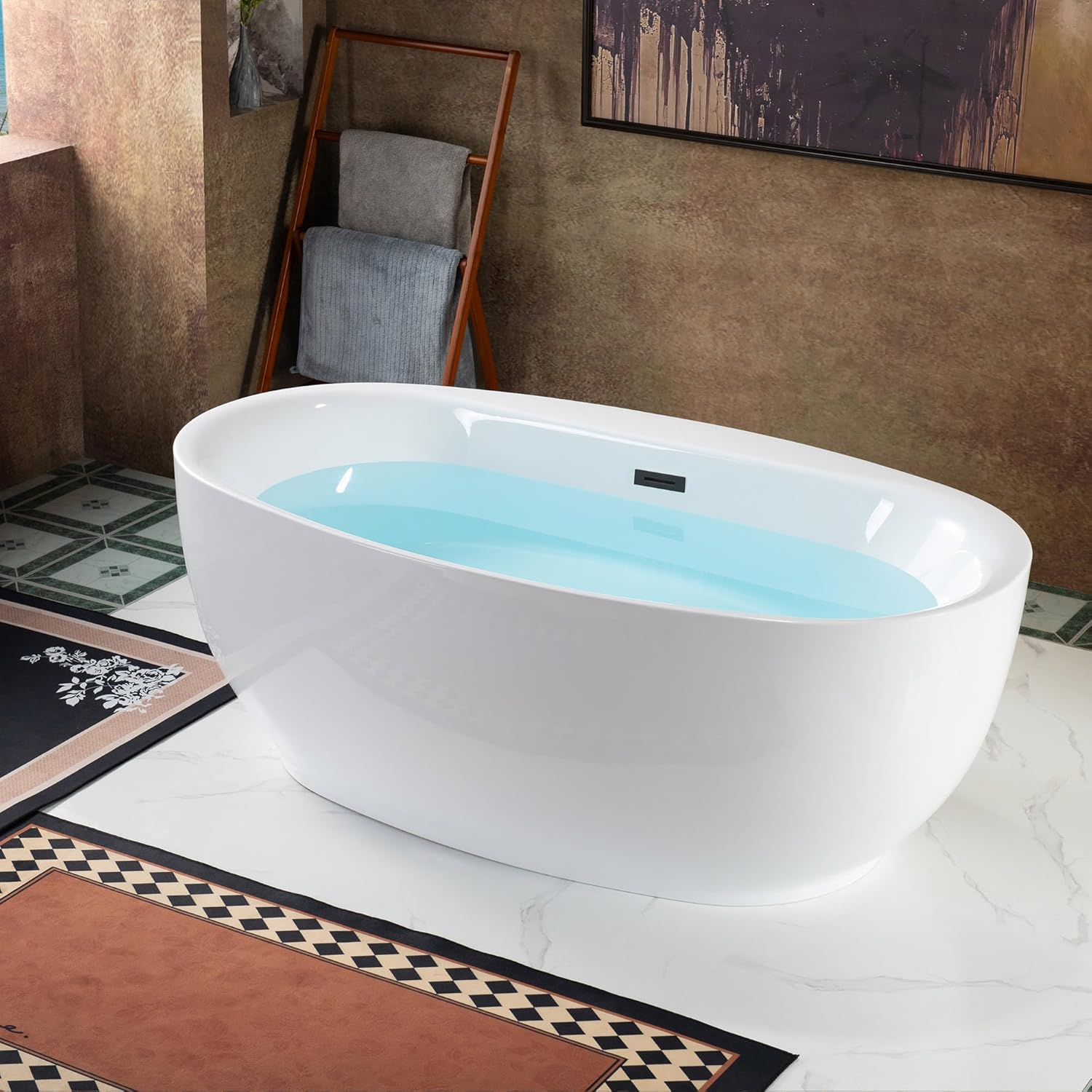 WOODBRIDGE 66" Acrylic Freestanding Bathtub Contemporary Soaking White Tub with Matte Black Overflow and Drain，B0027-MB