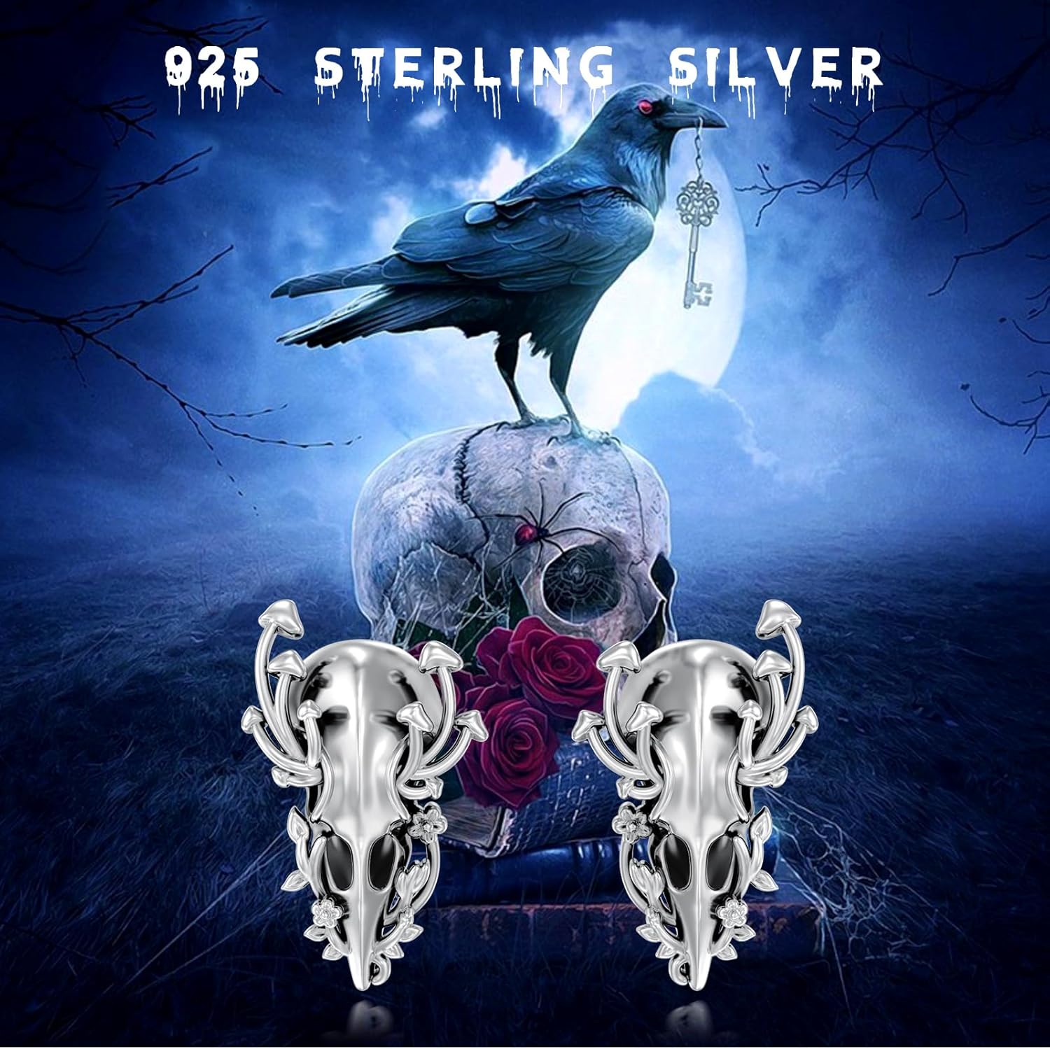 Raven Earrings 925 Sterling Silver Gothic Crow Skull Earrings Crow Ear Bird Studs for Halloween Birthday Gifts Women Men - Image 6