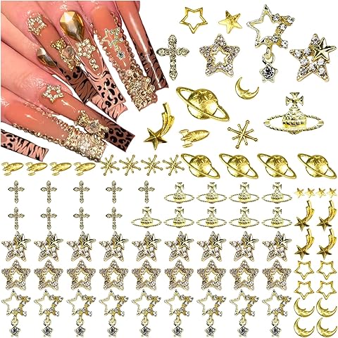 85PCS Star Nail Charms for Acrylic Nails,Gold Star Planet Cross Alloy Nail Art Deco...