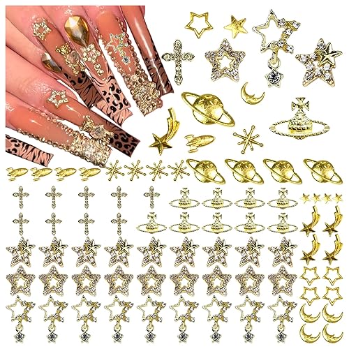 BBATT-HAPPY 85PCS Star Nail Charms for Acrylic Nails,Gold Star Planet Cross Alloy Nail Art Decoration, Nail Stones Nail Jewels Accessories for Nail Art Supplies Manicure Craft DIY, Medium - 85PCS Star Nail Charms