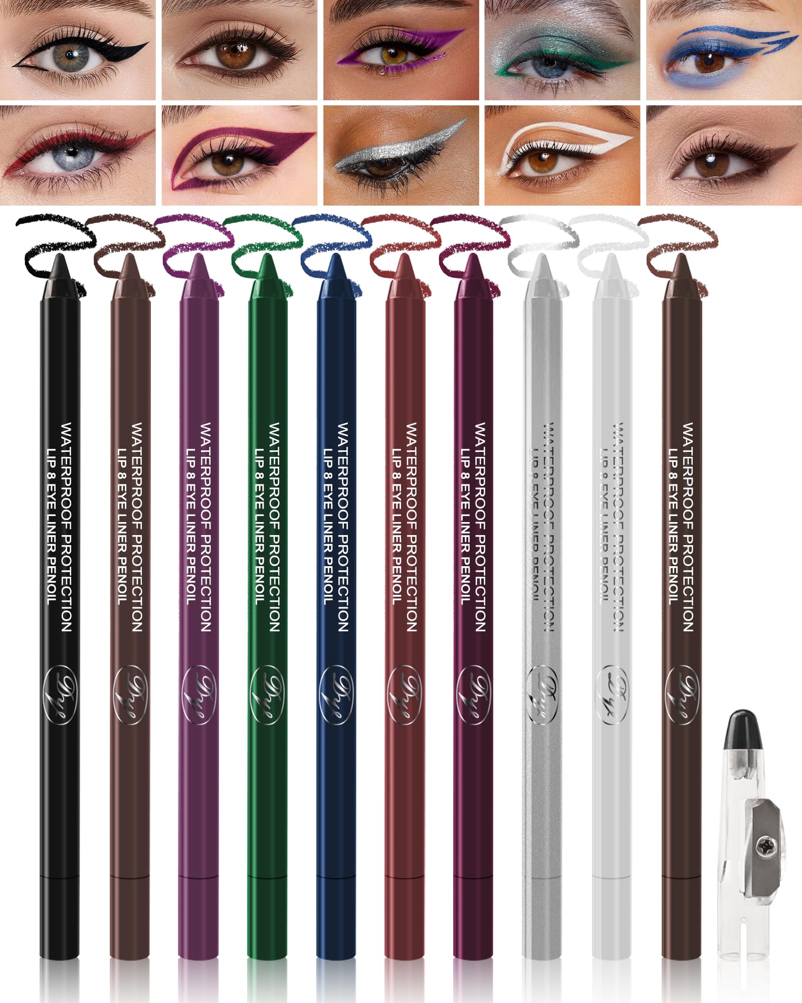 10 Pcs Colored Eyeliner Pencil Set, Matte & Glitter Waterproof Eye Liner Set C