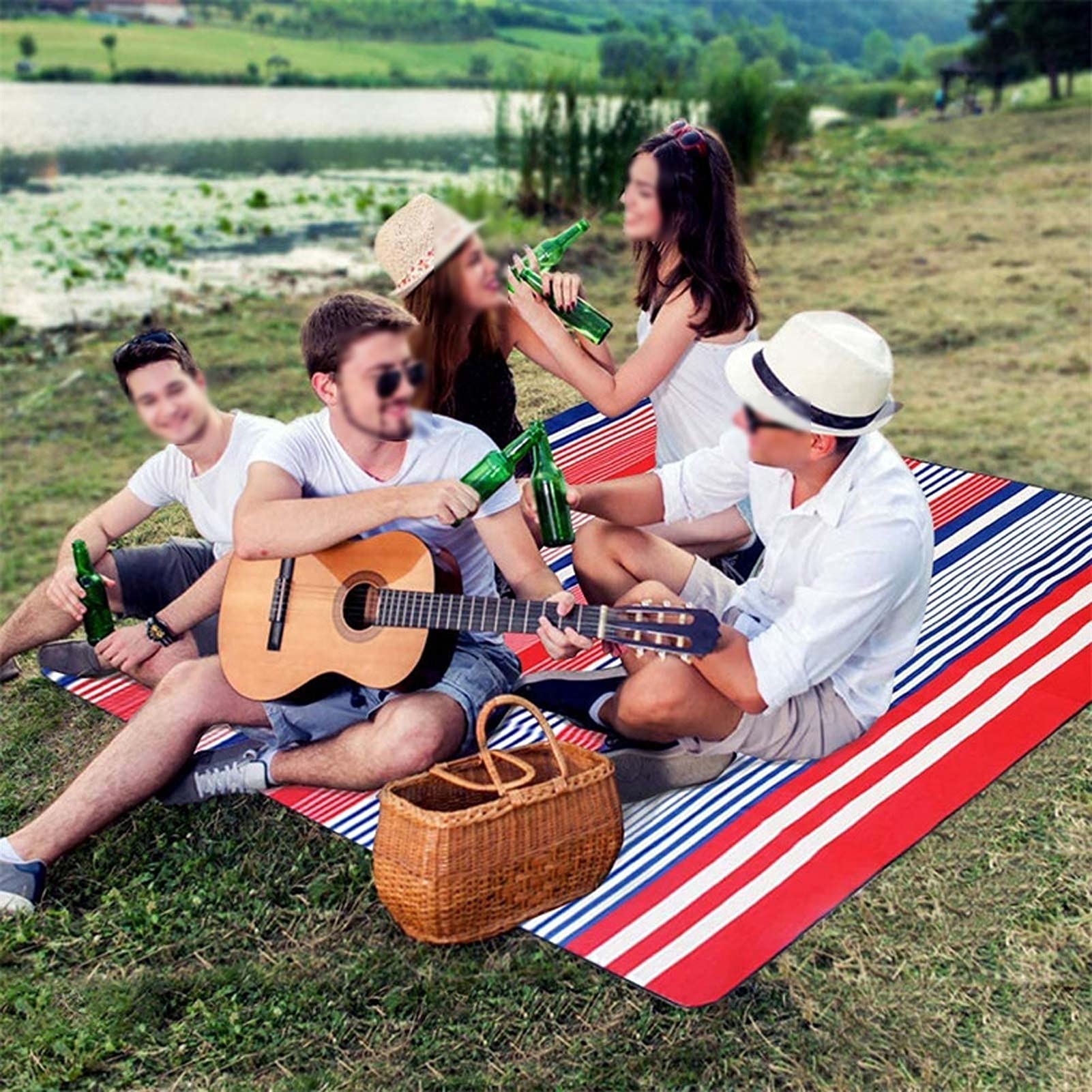 Couverture de Pique-Nique, Tapis de Plage Imperméable, Gand Tapis Pique Niques pour Extérieur Camping Parc (Color : Red Blue Stripe, Size : 200x200cm)