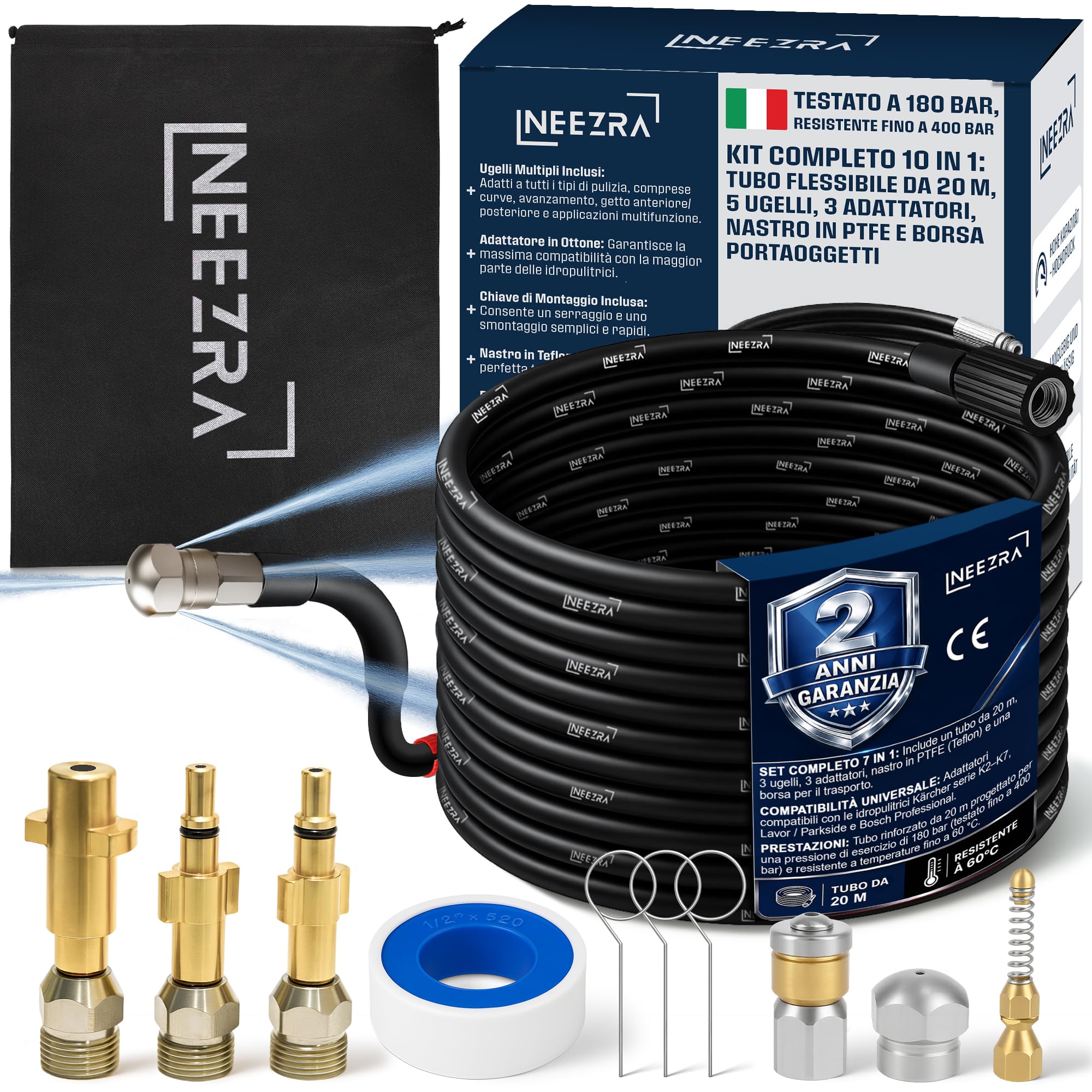 Kit 7-in-1 Sbocco per tubo ad alta pressione 20 m – Furetto Karcher con 3 ugelli rotanti, perforanti & molla, 3 adattatori in ottone Karcher/Lavor/Bosch, nastro in teflon, 60 °C