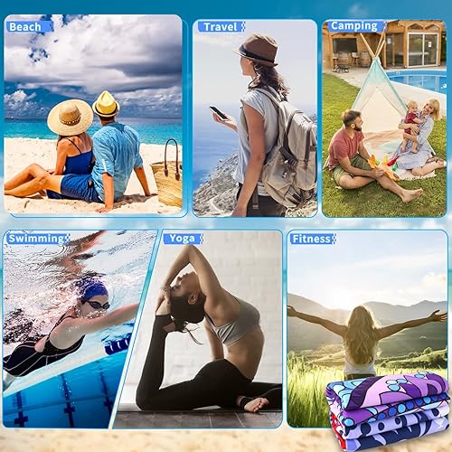 Miniatura 7 de Paquete de 2 toallas de playa ligeras de microfibra de gran tamaño de 71 x 32 pulgadas, extra grandes, delgadas sin arena, toallas de viaje,