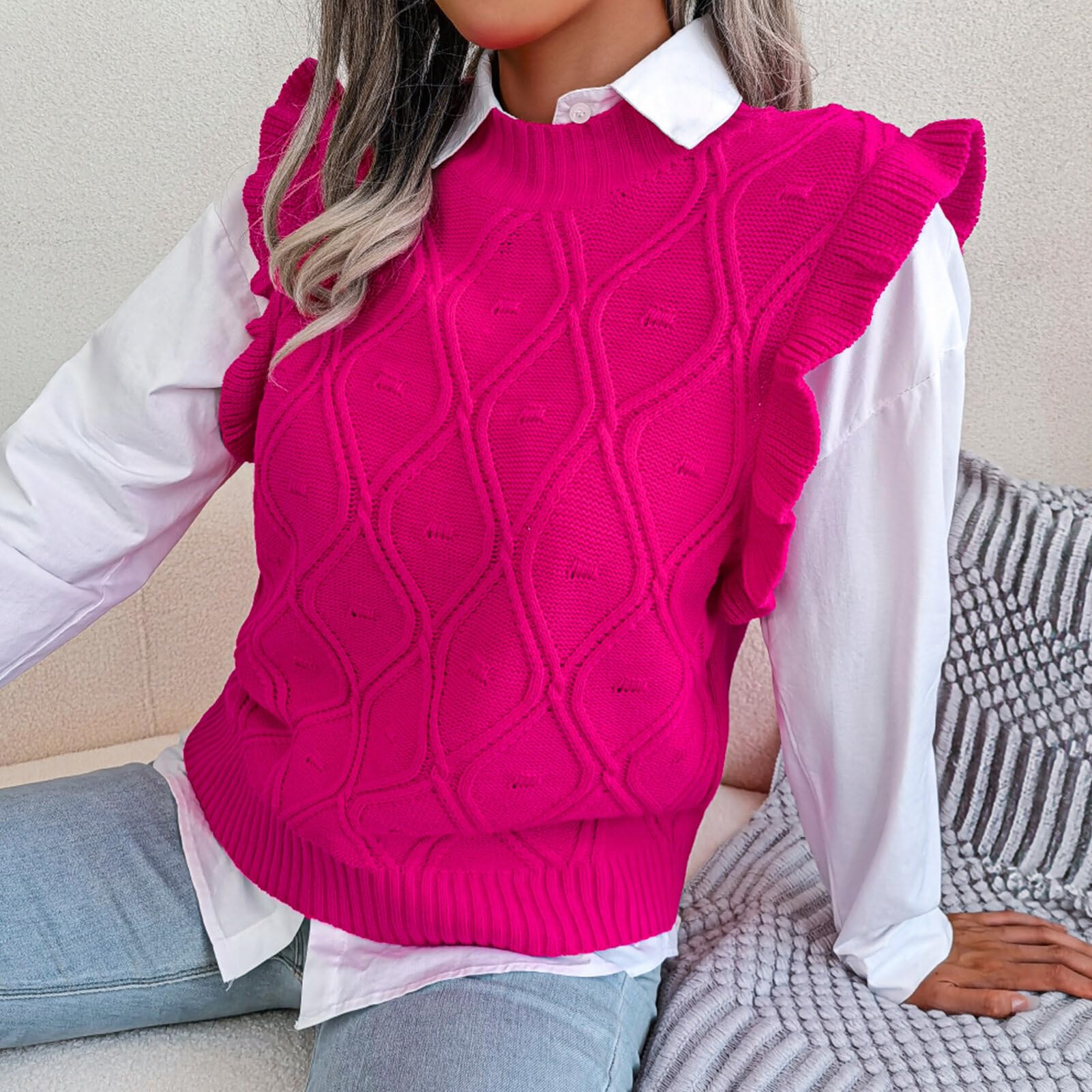 FEOYA Pulls Tricoté sans Manche Col V pour Femme Gilet en Tricot Chaud Classique Casual Mignon Décontracté Ample Vintage Débardeur Chandail Top Tricot Hiver Automne Printemps Noel S-XXL