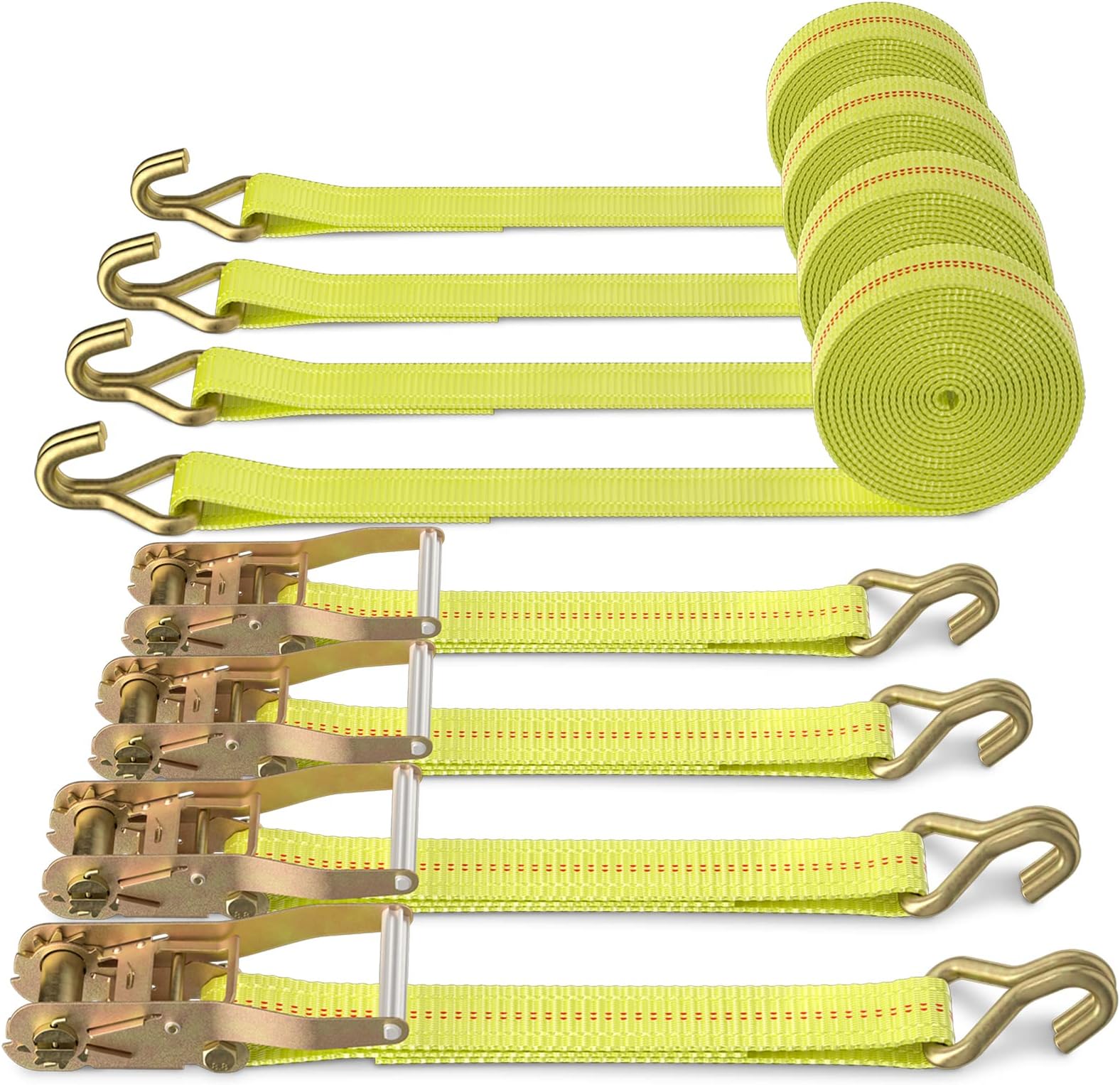 Ratchet Tie Down Strap - 4 Pack 2" x 27' Heavy Duty Ratchet Straps with Aluminum Handle, Cargo Straps for Moving Appliances, Lawn Equipment, Motorcycle in a Truck Yellow
