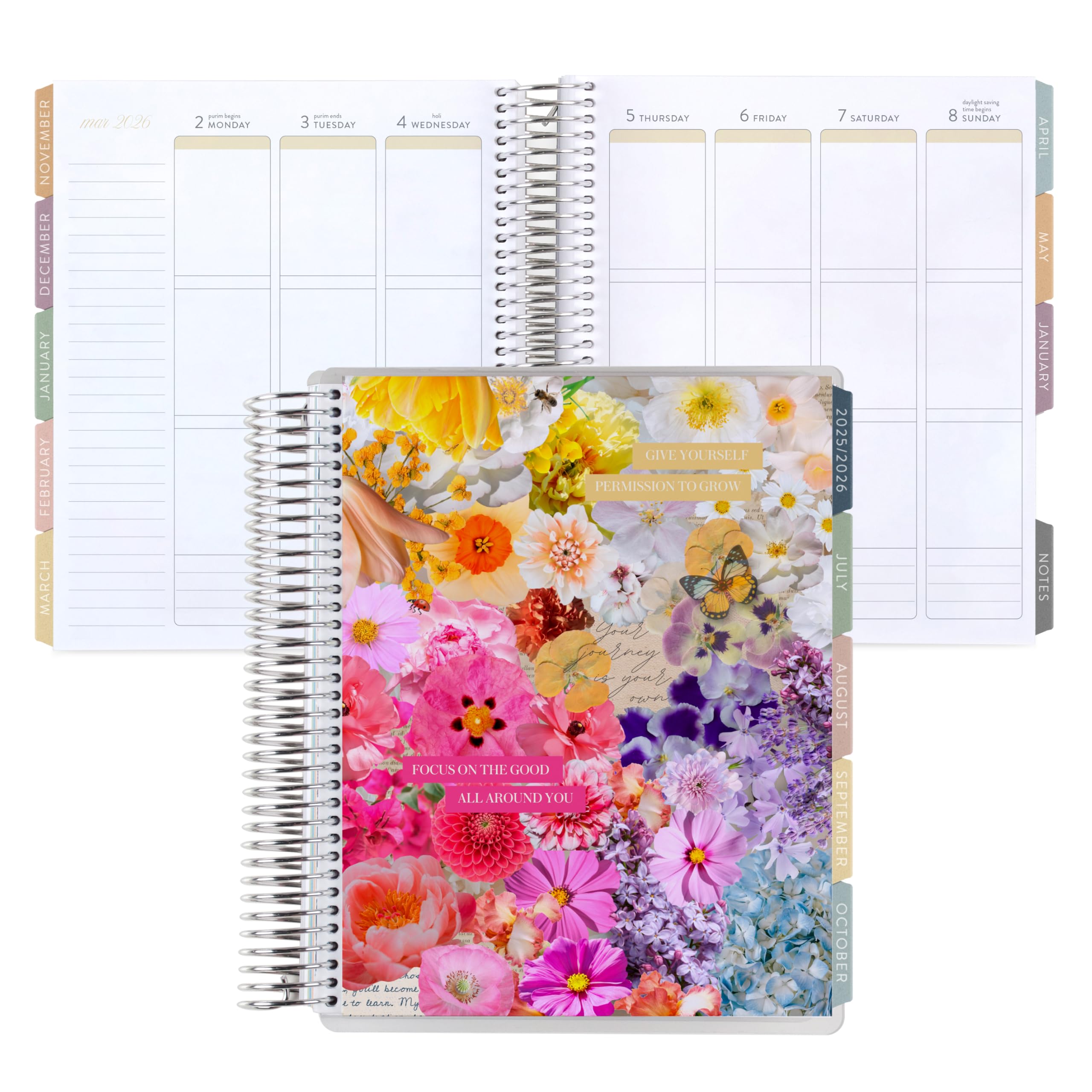 7x9 Coiled Life Planner (January 2026 - December 2026) - Floral Collage classic cover, vertical layout, Bouquet theme, platinum coil