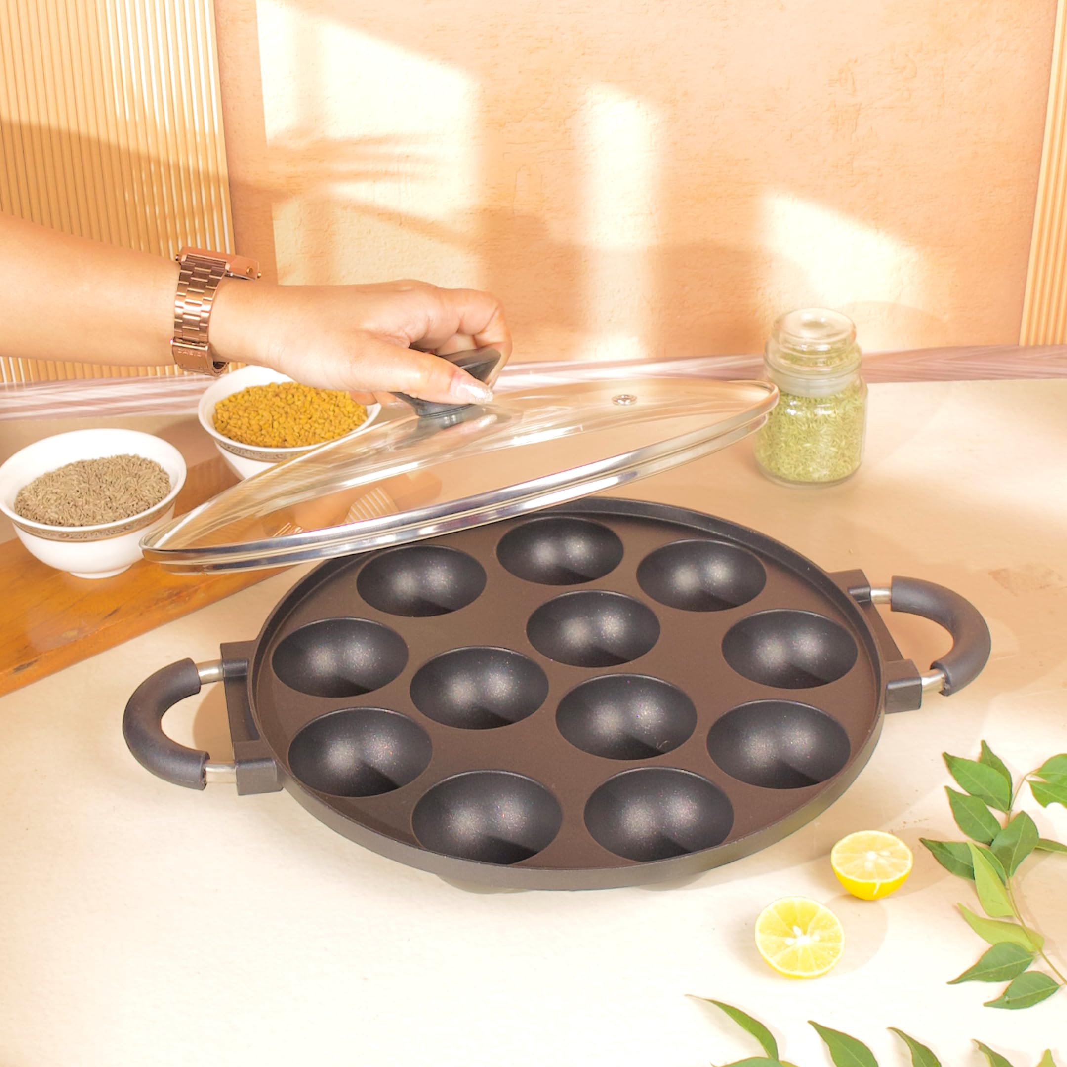 HomeEssentials Appam Pan with Lid - 12 Pit/Cup Appe Maker | Pre-Seasoned | Pan for Mini Pancakes, Litti, Potato Balls & Stuffed Snacks | Appe Paniyarakkal | Dual Side Rubber Handle (28cm, Aluminium) 3
