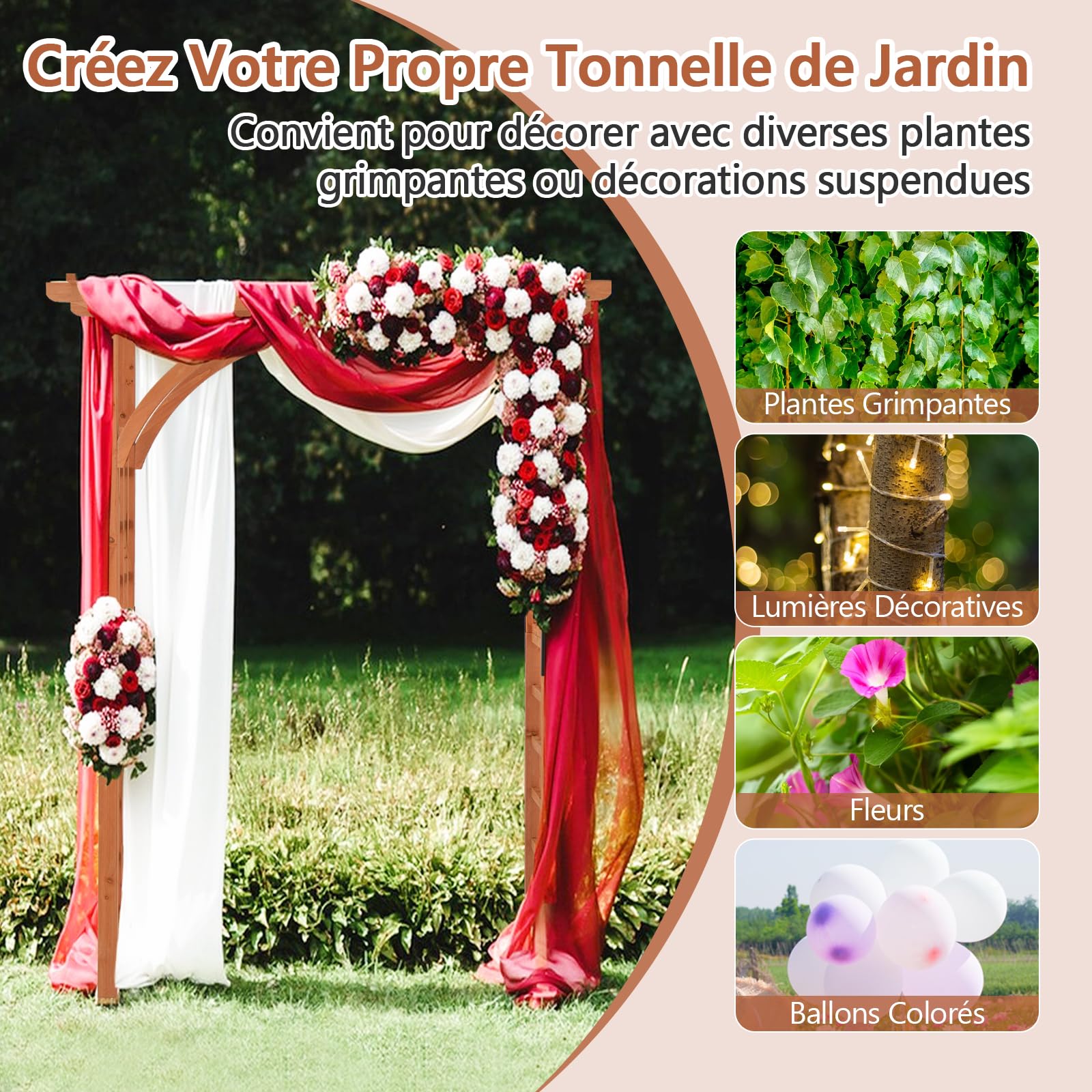 RELAX4LIFE 2,2M Arche de Jardin en Bois avec Treillis pour Plantes Grimpantes & Rosiers & Vignes, Pergola d'escalade pour Décoration Pelouse Arrière-Cour, 160 x 60 x 217cm (160x60x213 cm)