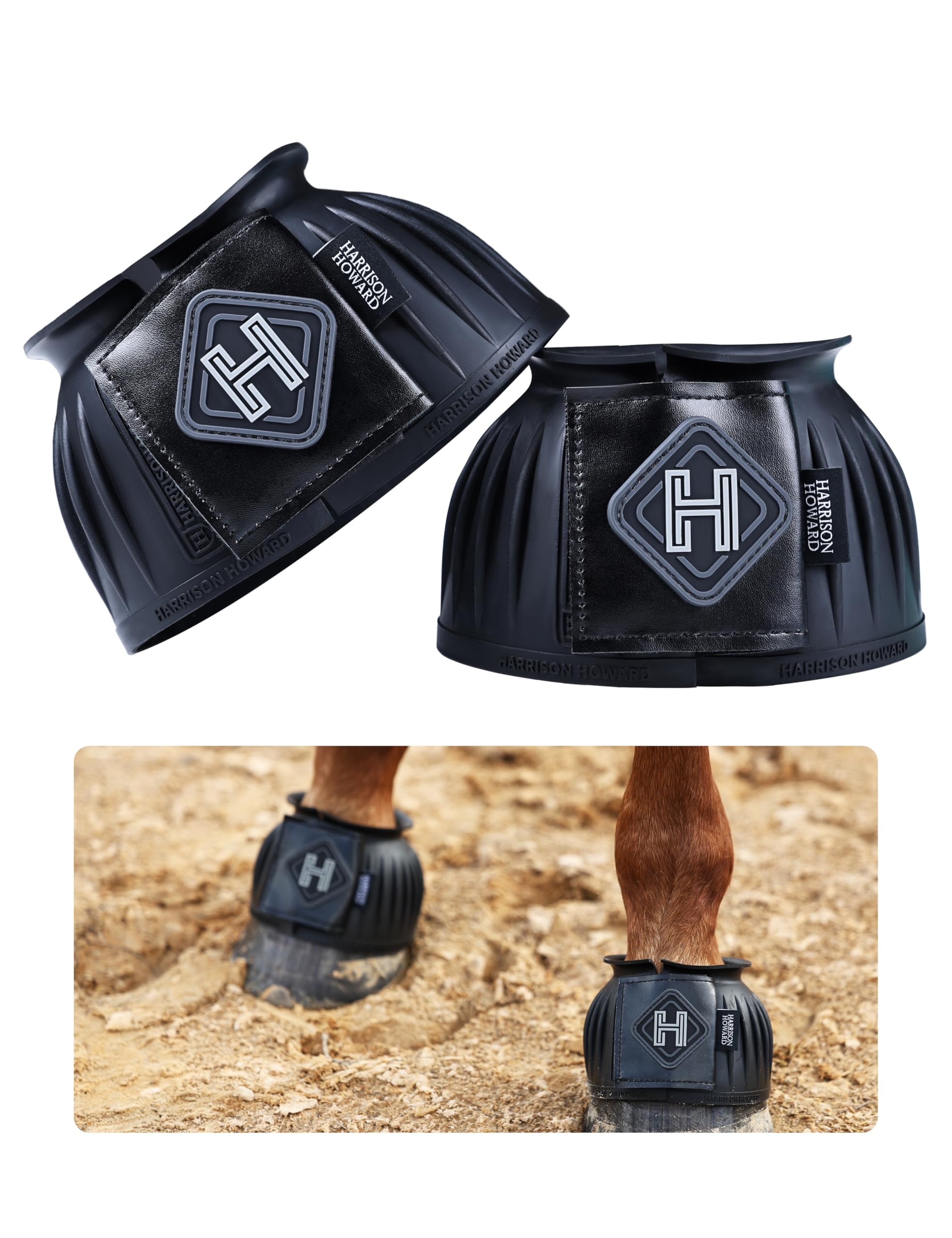 Harrison Howard Rubber Pull-on Bell Boots with Fleece Lining and Touch-Close Tapes Hoof Overreach Protection for Horses