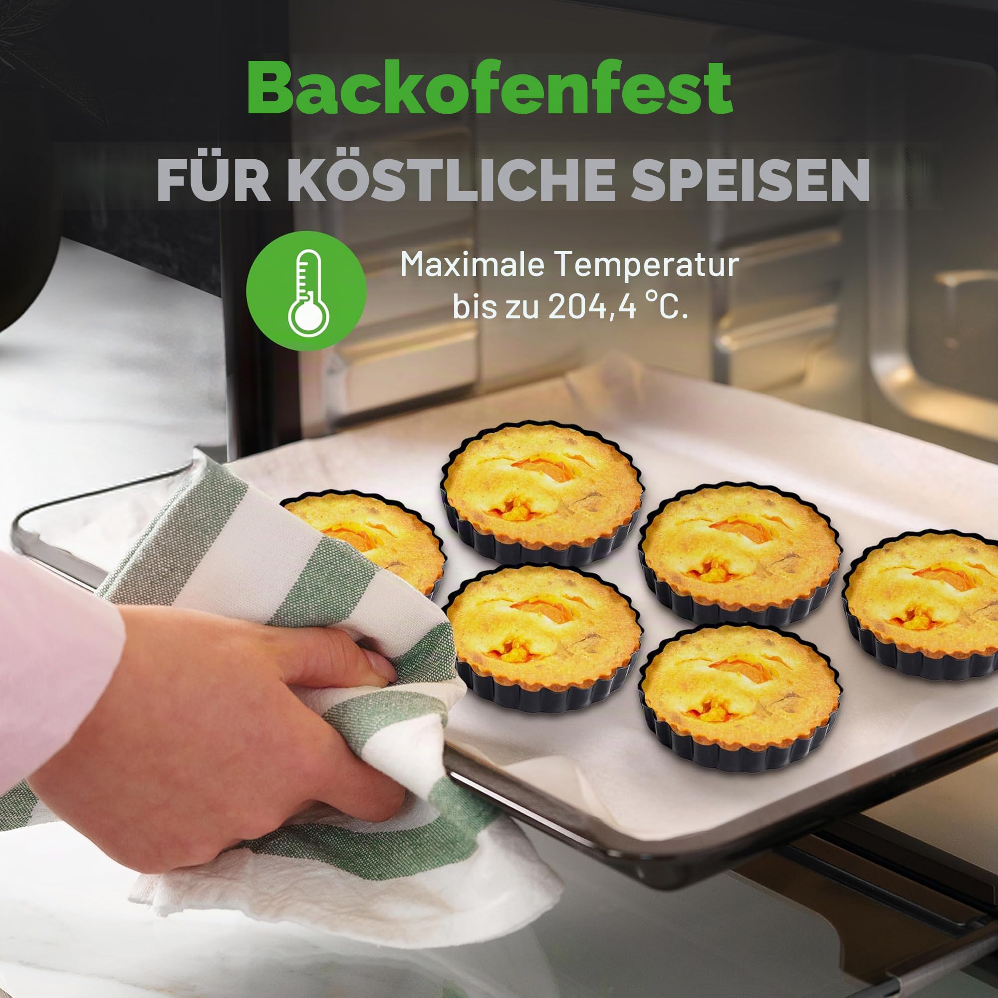 Nutrichef Tarteform Set – 10 Mini Tartelette Förmchen Ø10 cm mit Hebeboden aus Carbonstahl Antihaft Backform Rund, Inkl. 200 Backpapier Rund, Quicheform Spülmaschinen und Ofenfest