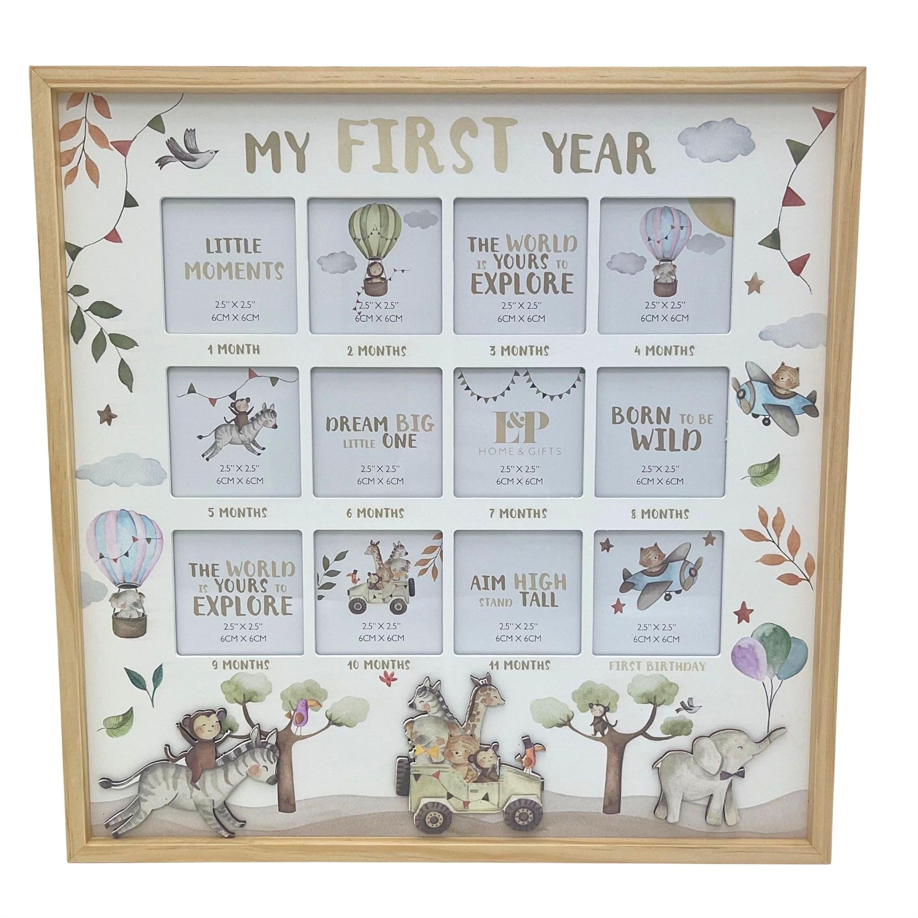 Dream Big My First Year Baby Photo Frame, 36cm Wooden Nursery Keepsake Picture Frame with 12 Photo Apertures
