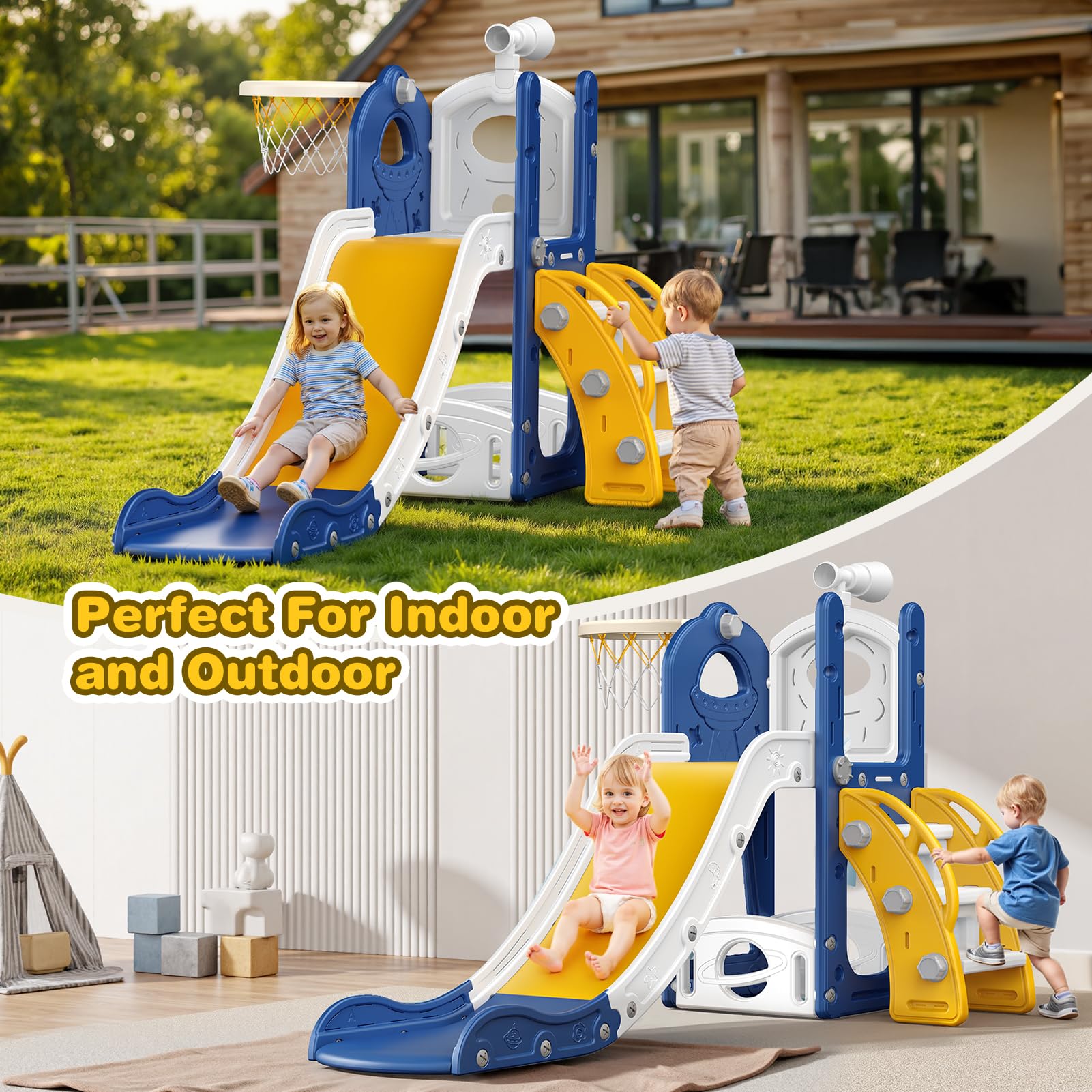 Scivolo per Bambini: Grande Scivolo Blu per Bambini in Età 1-3 Anni con Cestino da Basket, Scivolo per Bambini con Spazio di Stoccaggio, Set di Gioco per Bambini con Scala da Arrampicata, Giocattolo