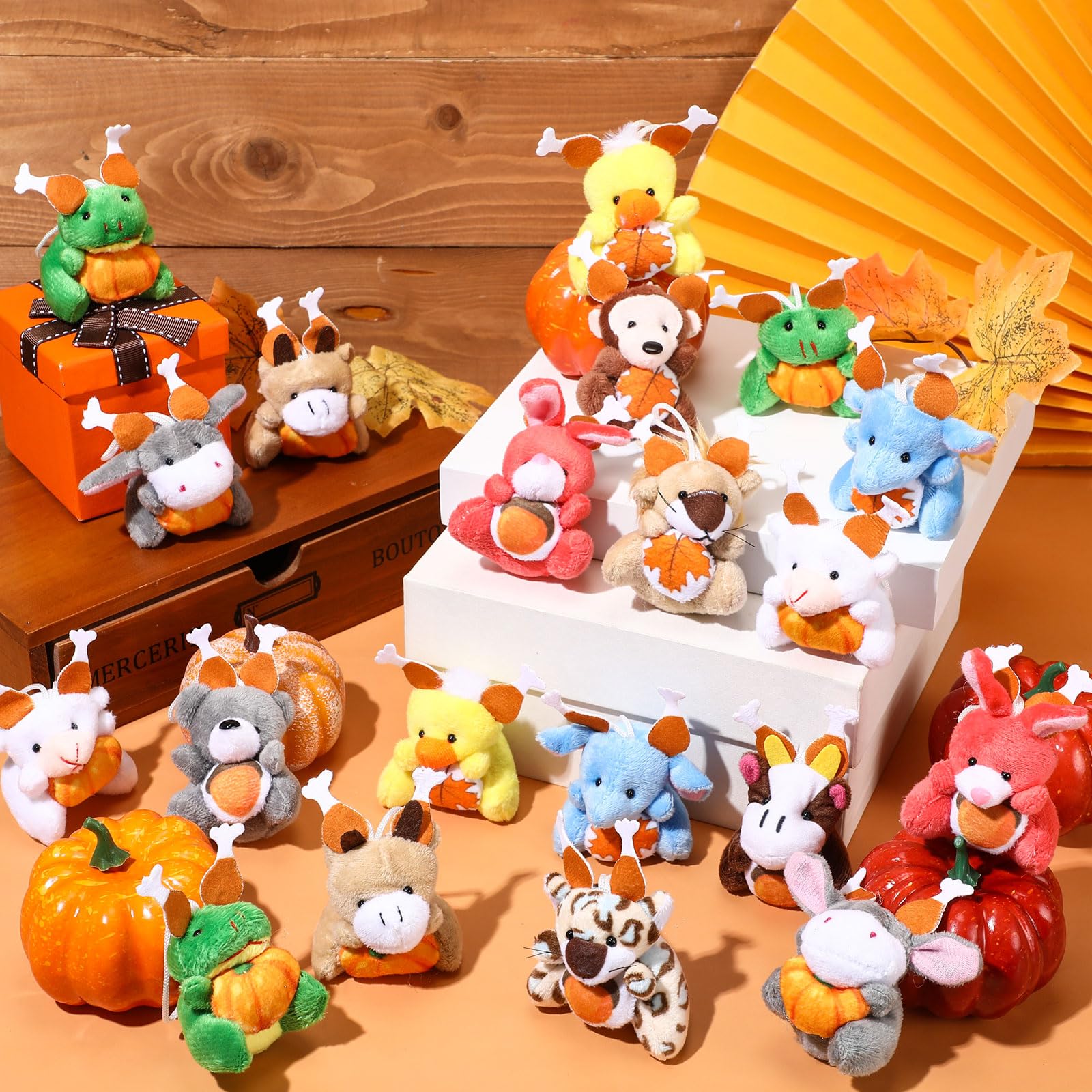 Blueweenly 10 Pcs Mini Thanksgiving Stuffed Animal Bulk Friendsgiving Small Stuffed Animal Toy with Pumpkin Fall Autumn Plush Keychain Gift Tiny Thanksgiving Plush Decors for Party Favor Bag Filler