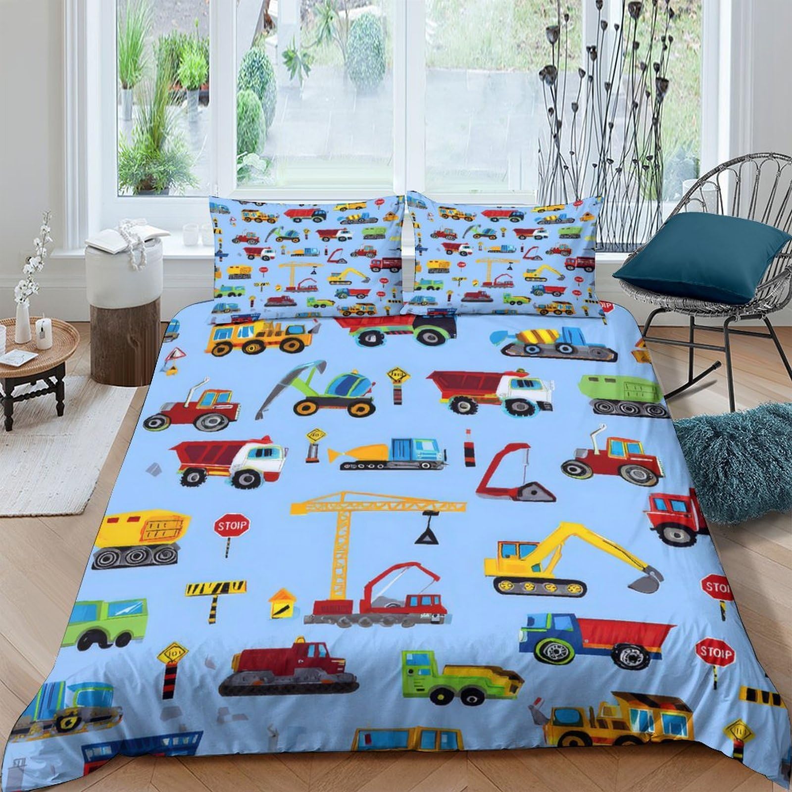 Ctjqhvkz Style-2 3D Printed Construction Vehicles Fitted Sheet Microfiber Soft Blue Cartoon Truck Bed Cover For Bedroom Dorm Kids Teen Mattress Protector Single（135X200cm）